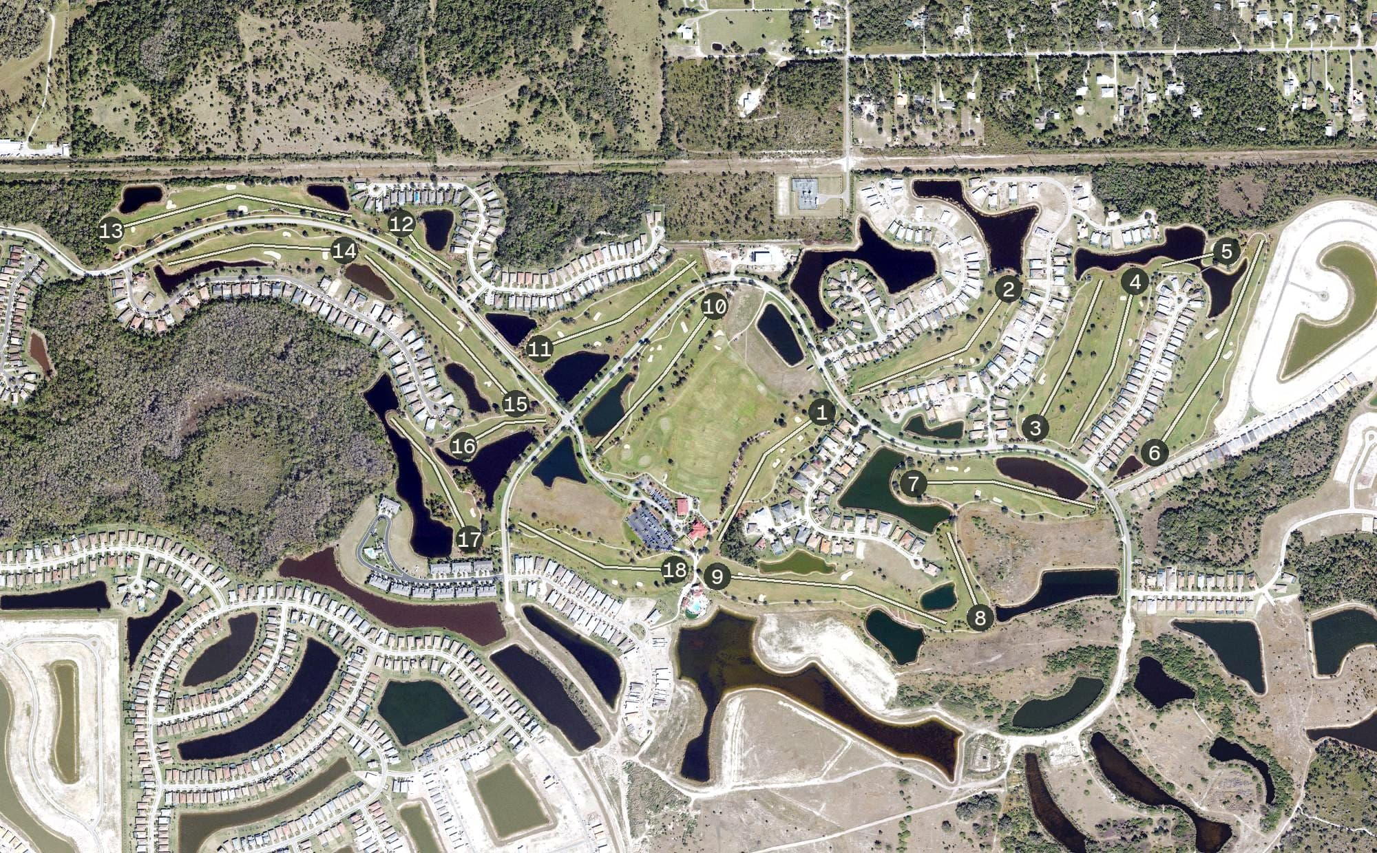 Aerial view of River Hall Country Club, FL, with its hole routing marked
