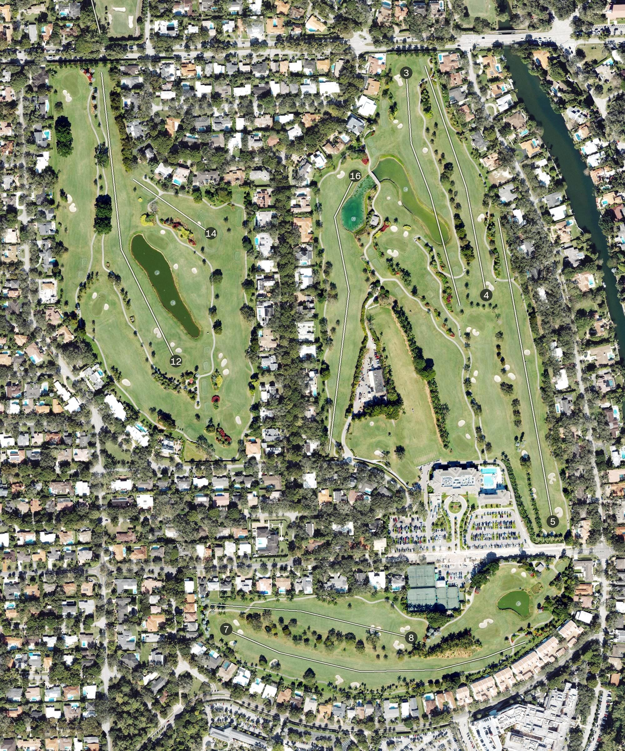 Aerial view of Riviera Country Club, FL, with its hole routing marked