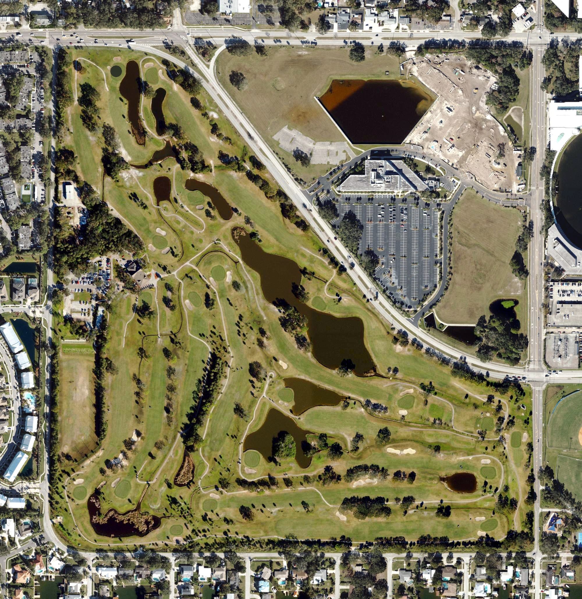 Aerial view of Rocky Point Golf Course, FL, with its hole routing marked
