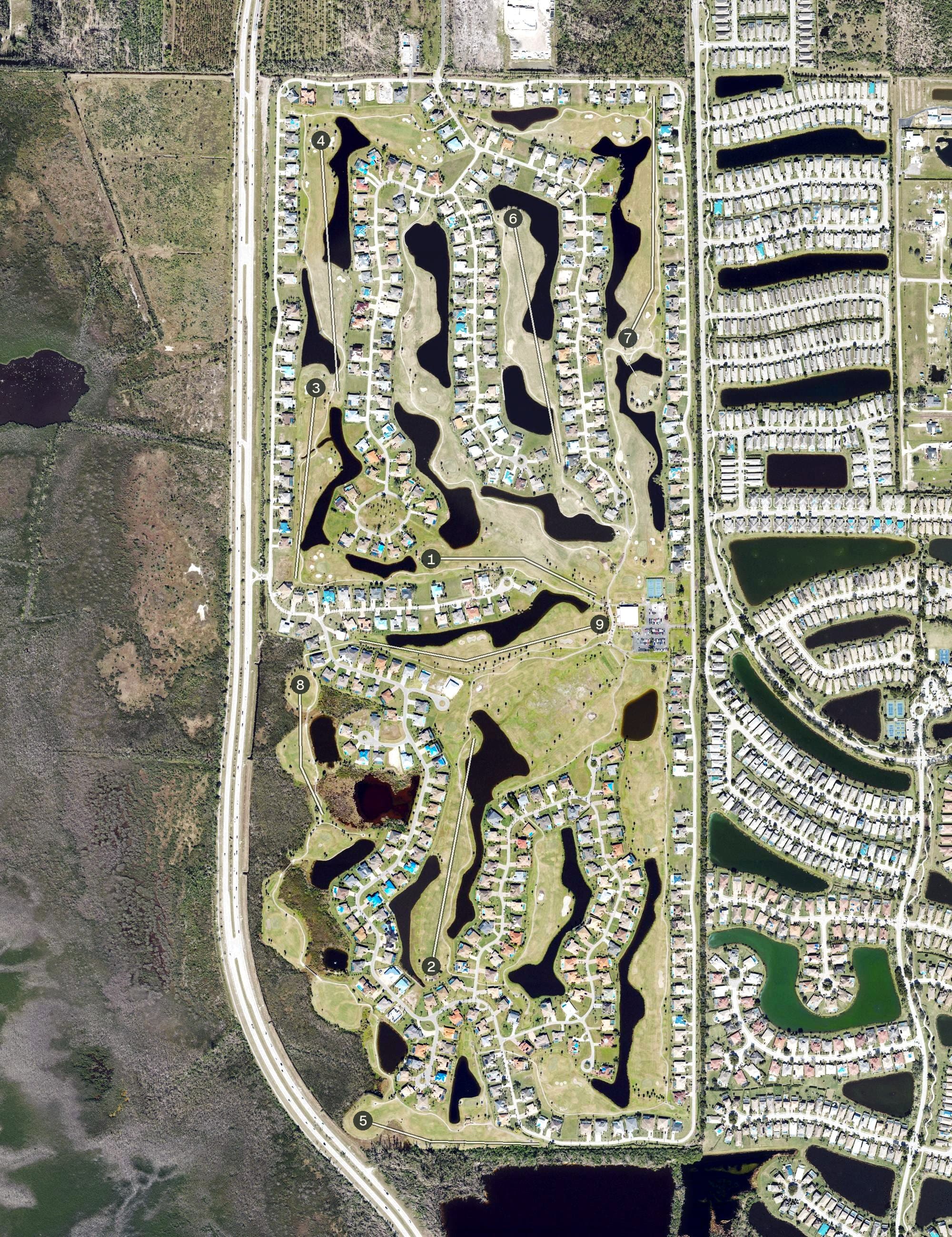 Aerial view of Royal Tee Golf Club, FL, with its hole routing marked