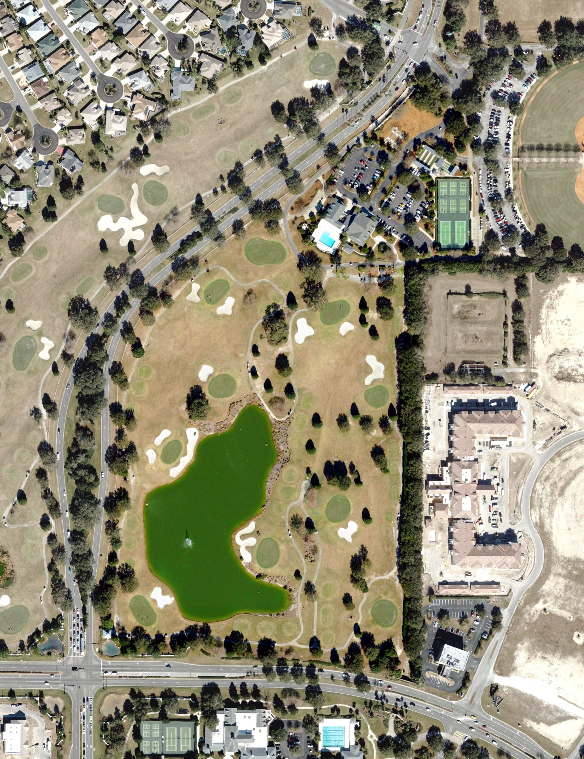 Aerial view of Saddlebrook Golf course (The Villages), FL, with its hole routing marked