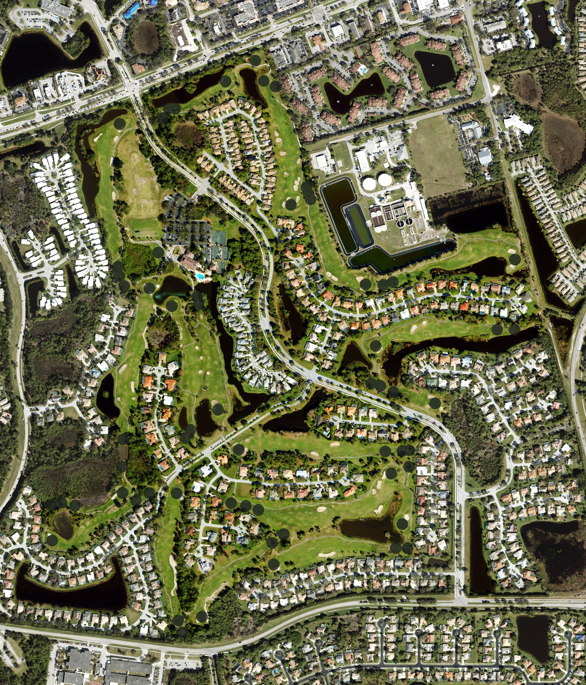 Aerial view of Saint Lucie Trail Golf Club, FL, with its hole routing marked