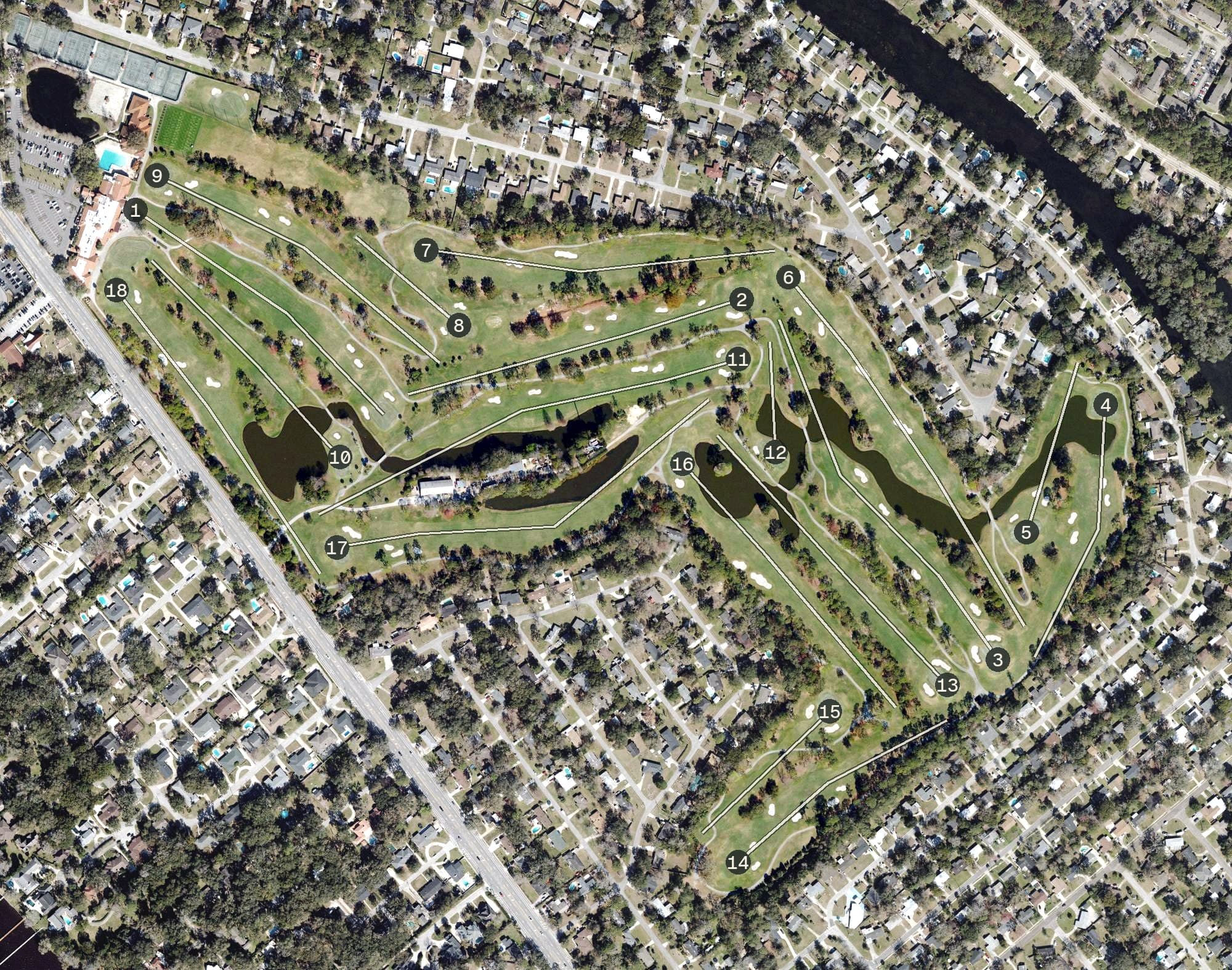 Aerial view of San Jose Country Club, FL, with its hole routing marked