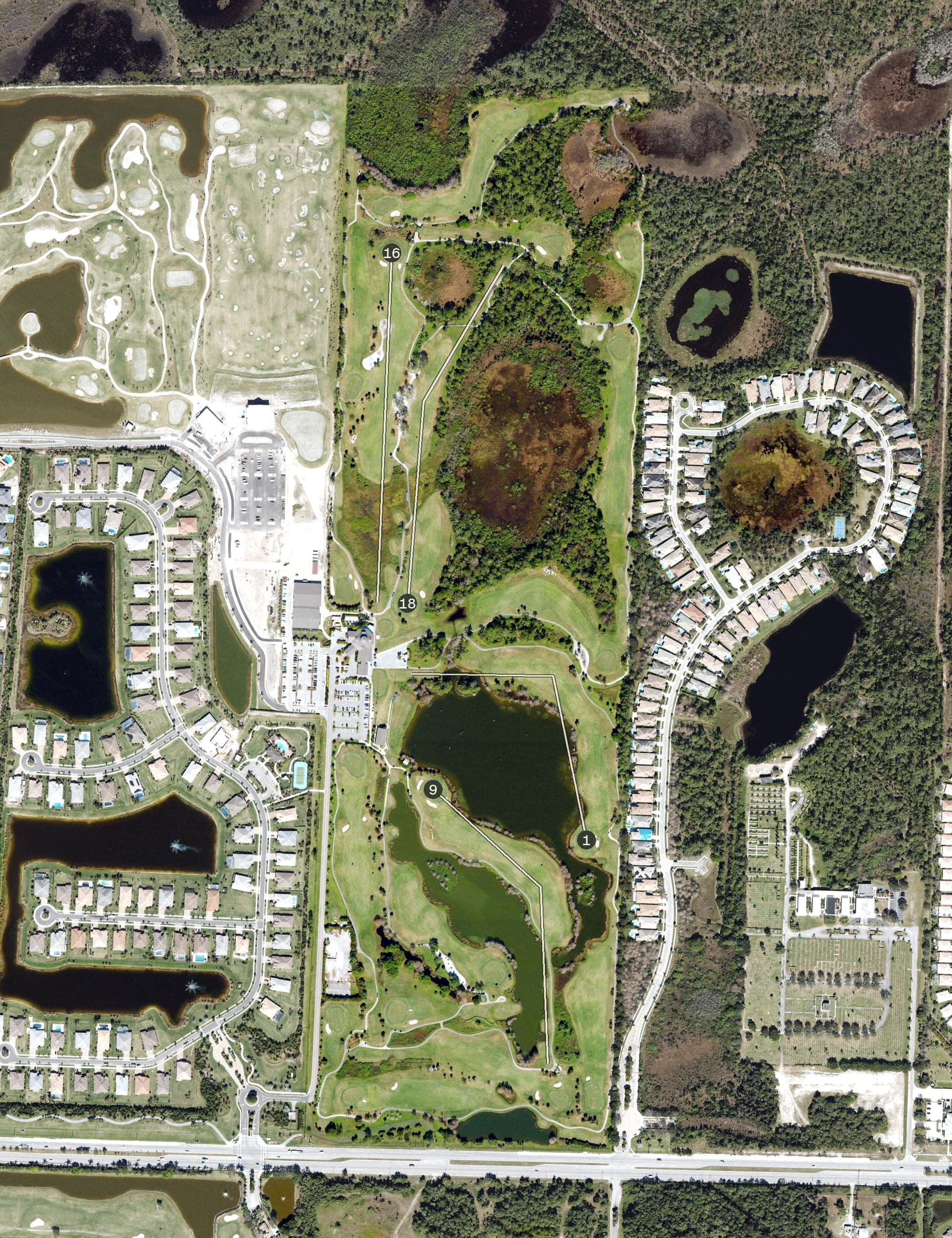 Aerial view of Sandhill Crane Golf Club, FL, with its hole routing marked