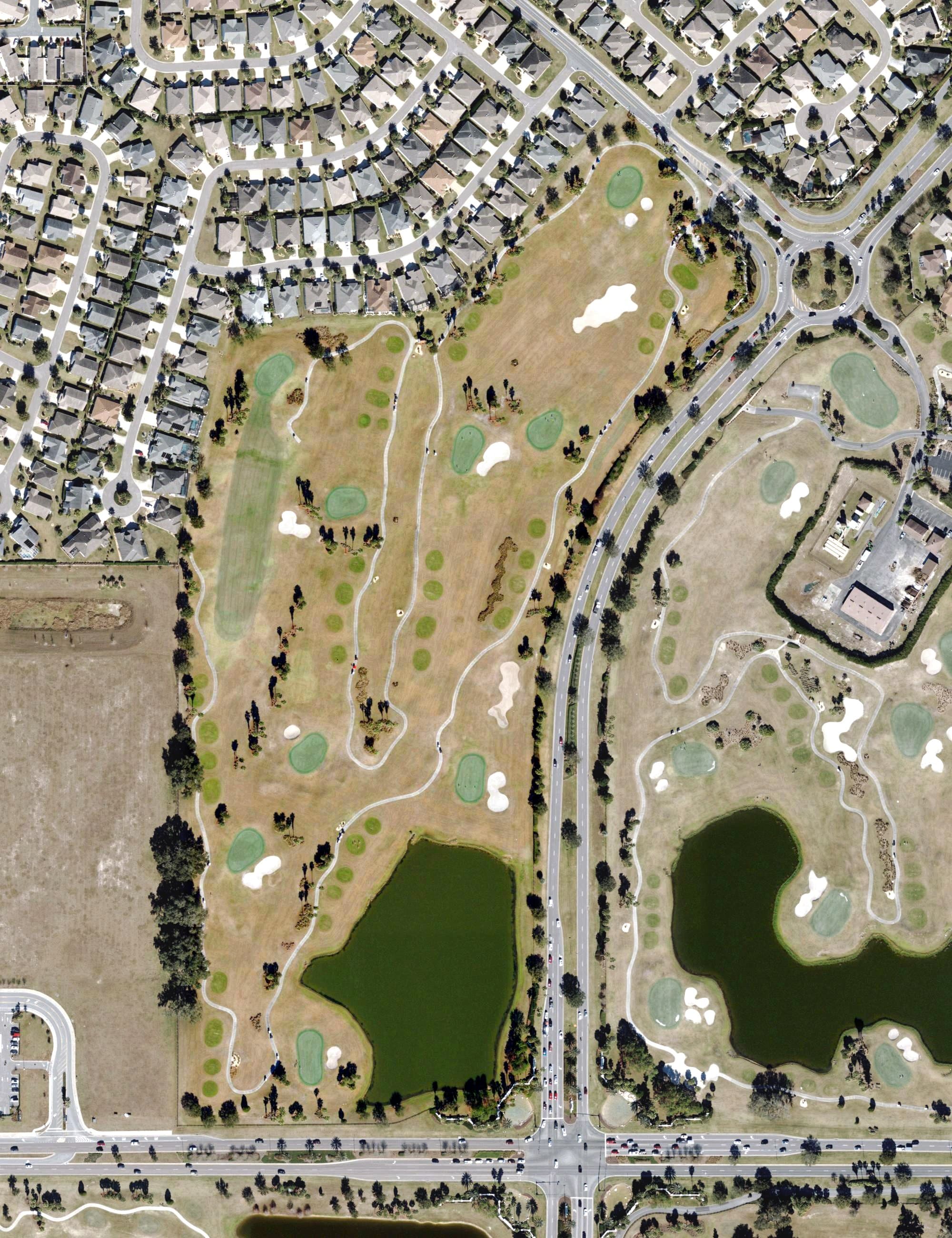Aerial view of Sandhill Golf Course (The Villages), FL, with its hole routing marked