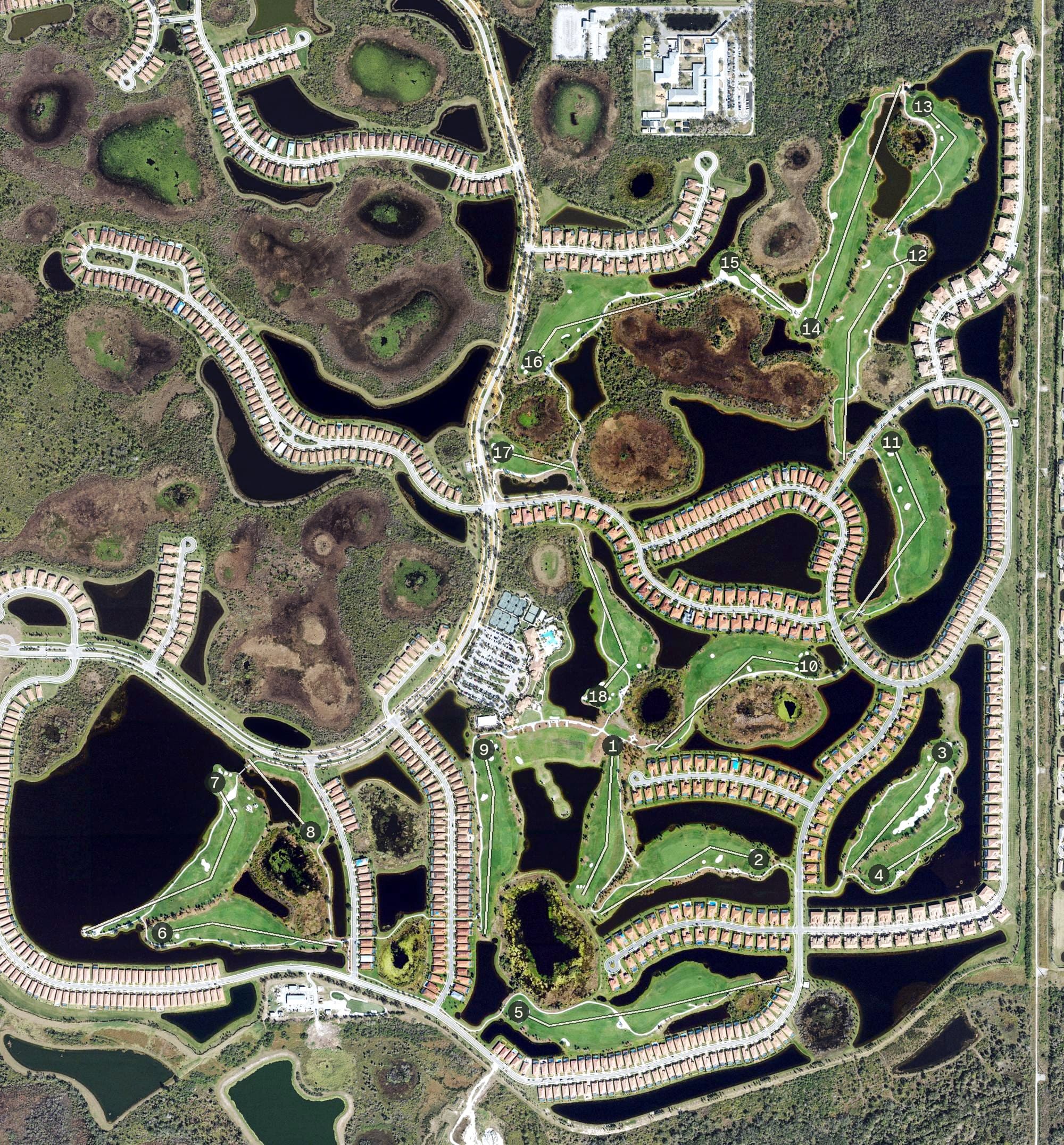 Aerial view of Sarasota National Golf Club, FL, with its hole routing marked