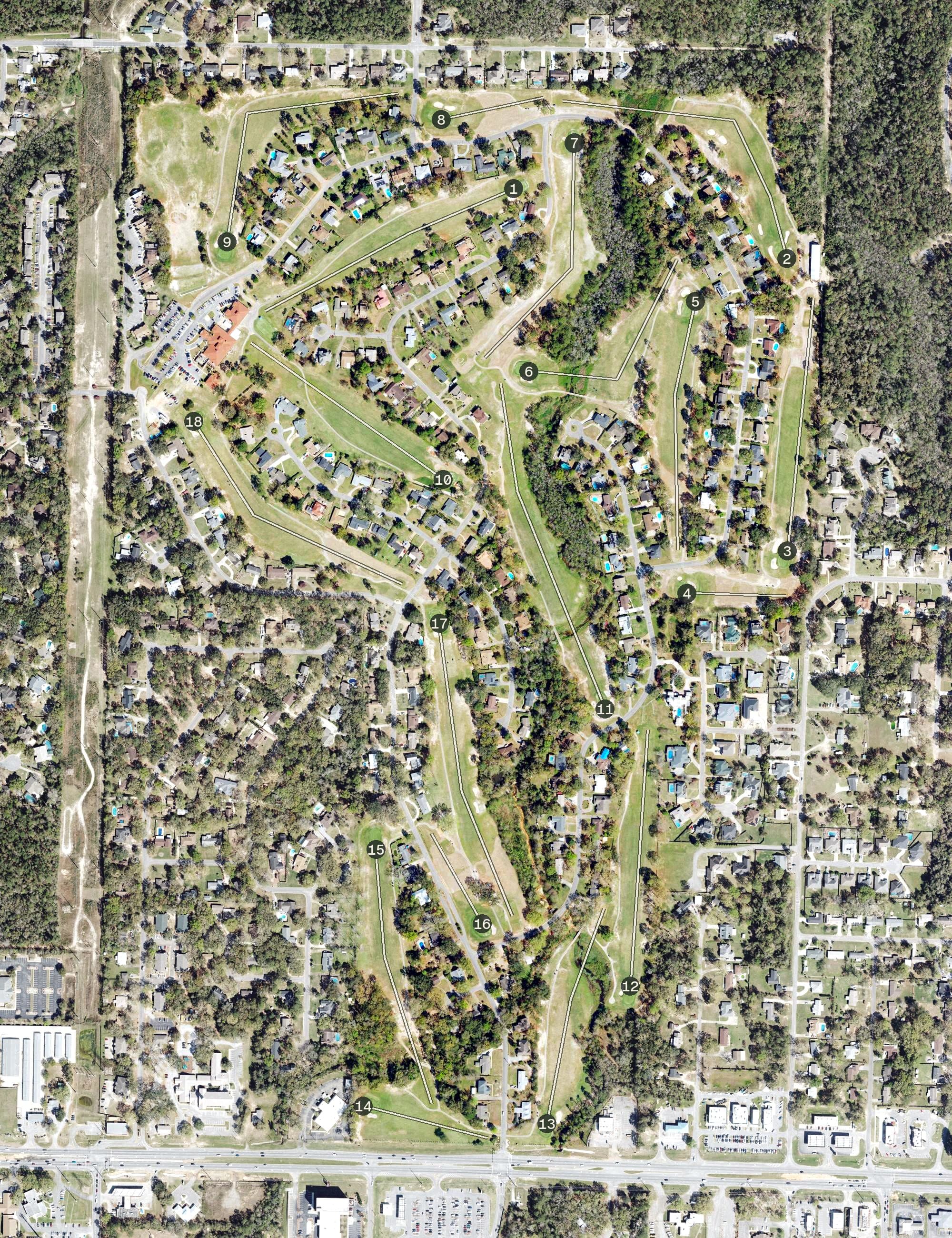Aerial view of Scenic Hills Country Club, FL, with its hole routing marked