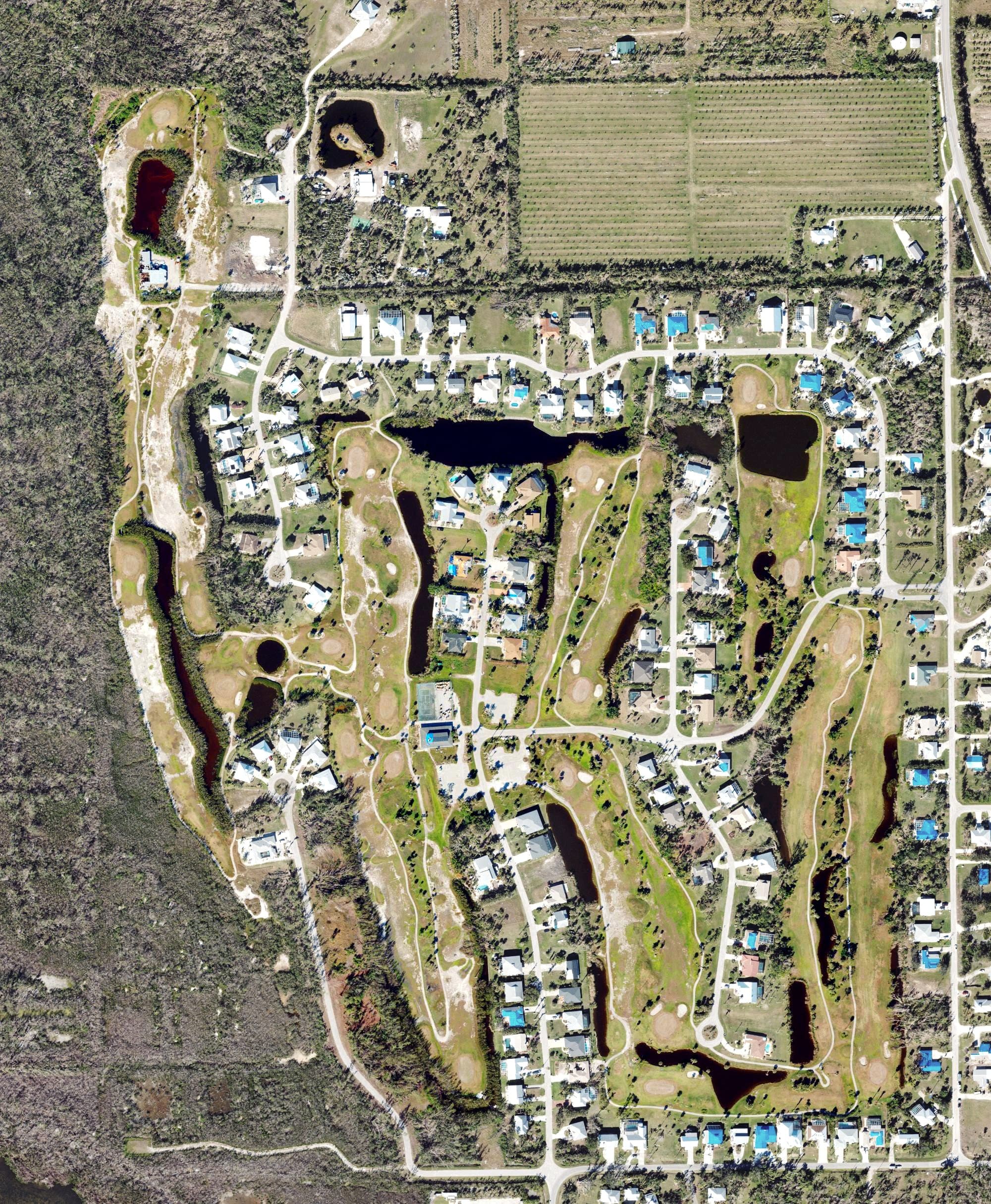 Aerial view of Sea Palms Golf Club, FL, with its hole routing marked