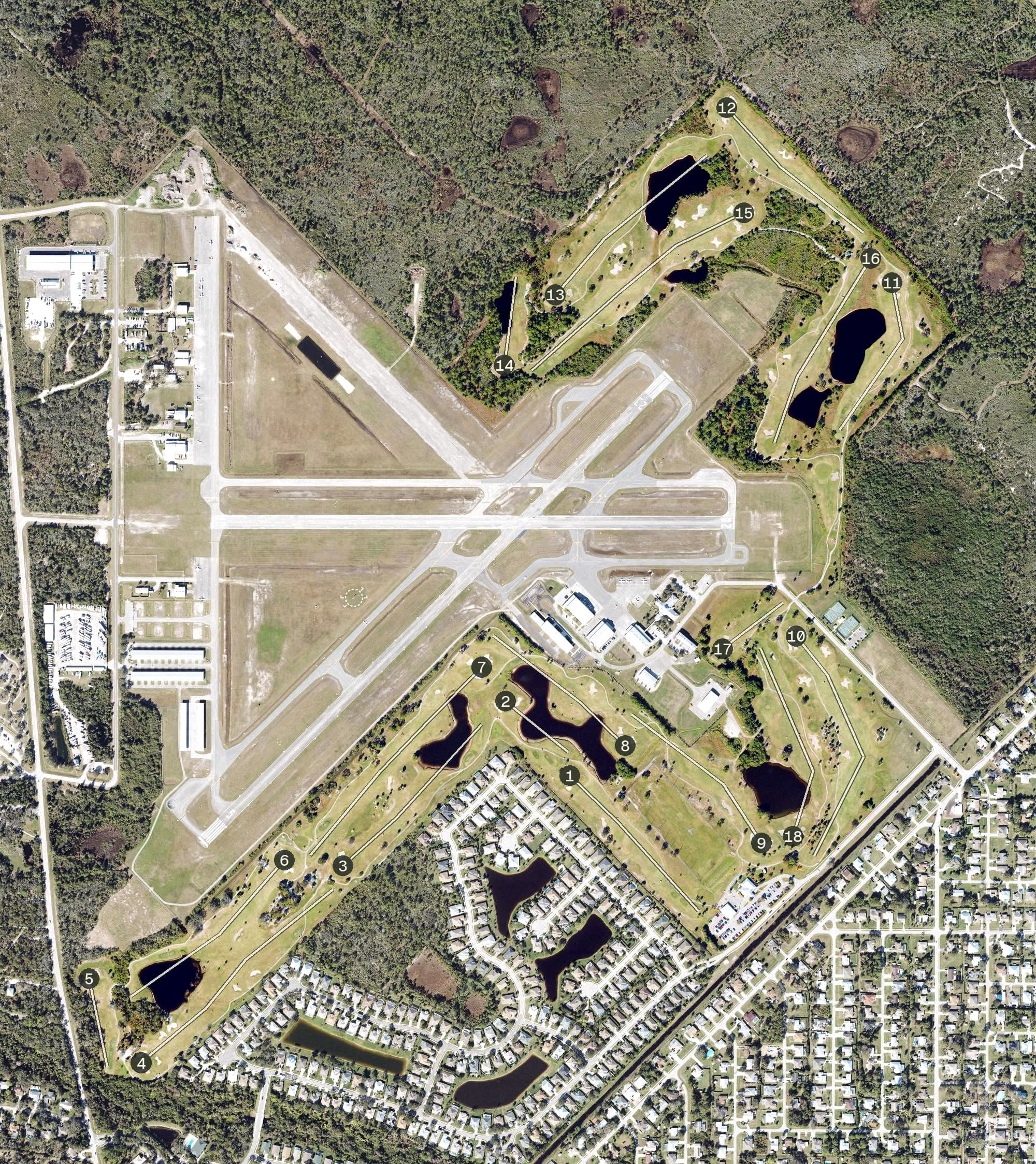 Aerial view of Sebastian Municipal Golf Course, FL, with its hole routing marked