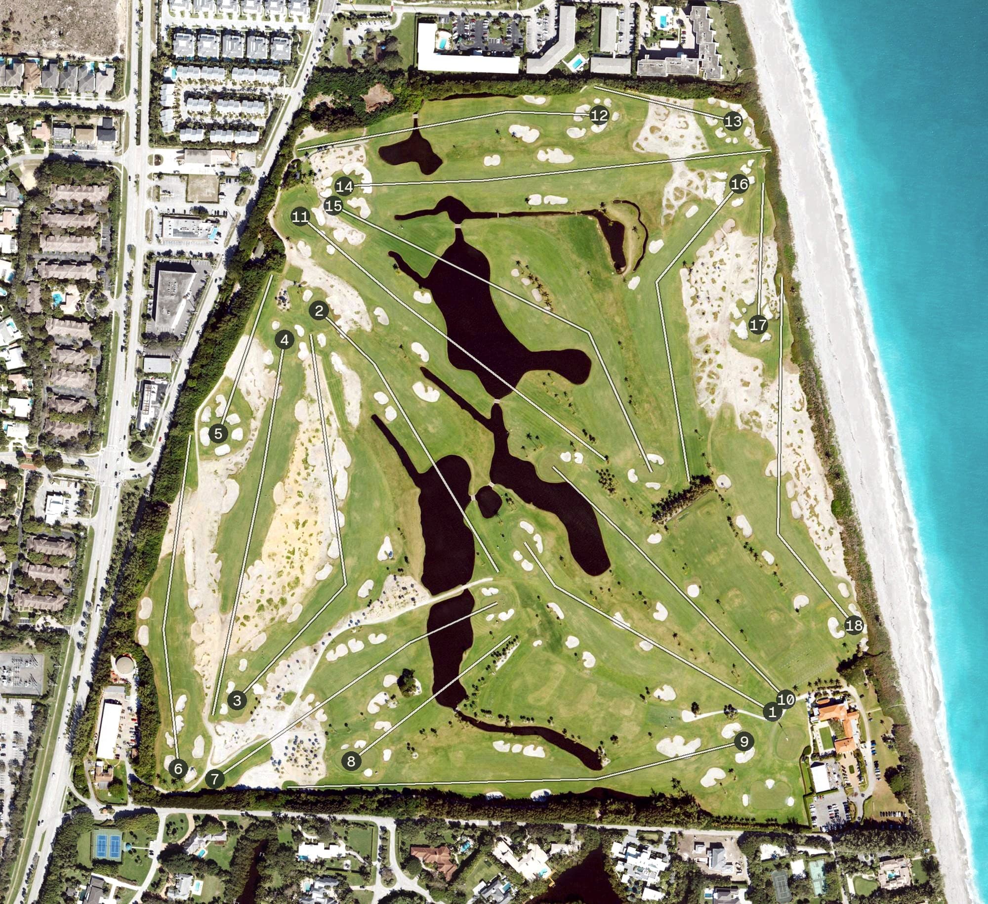 Aerial view of Seminole Golf Club, FL, with its hole routing marked