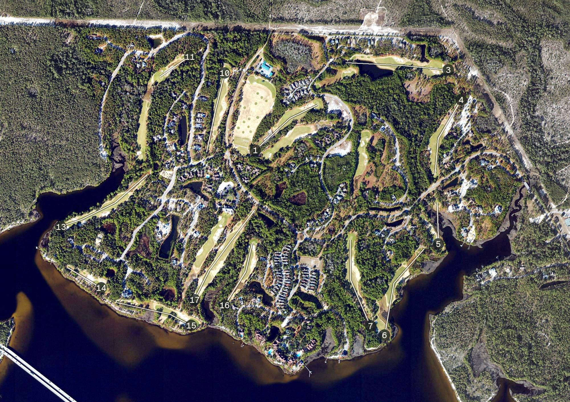 Aerial view of Shark's Tooth Golf Course, FL, with its hole routing marked
