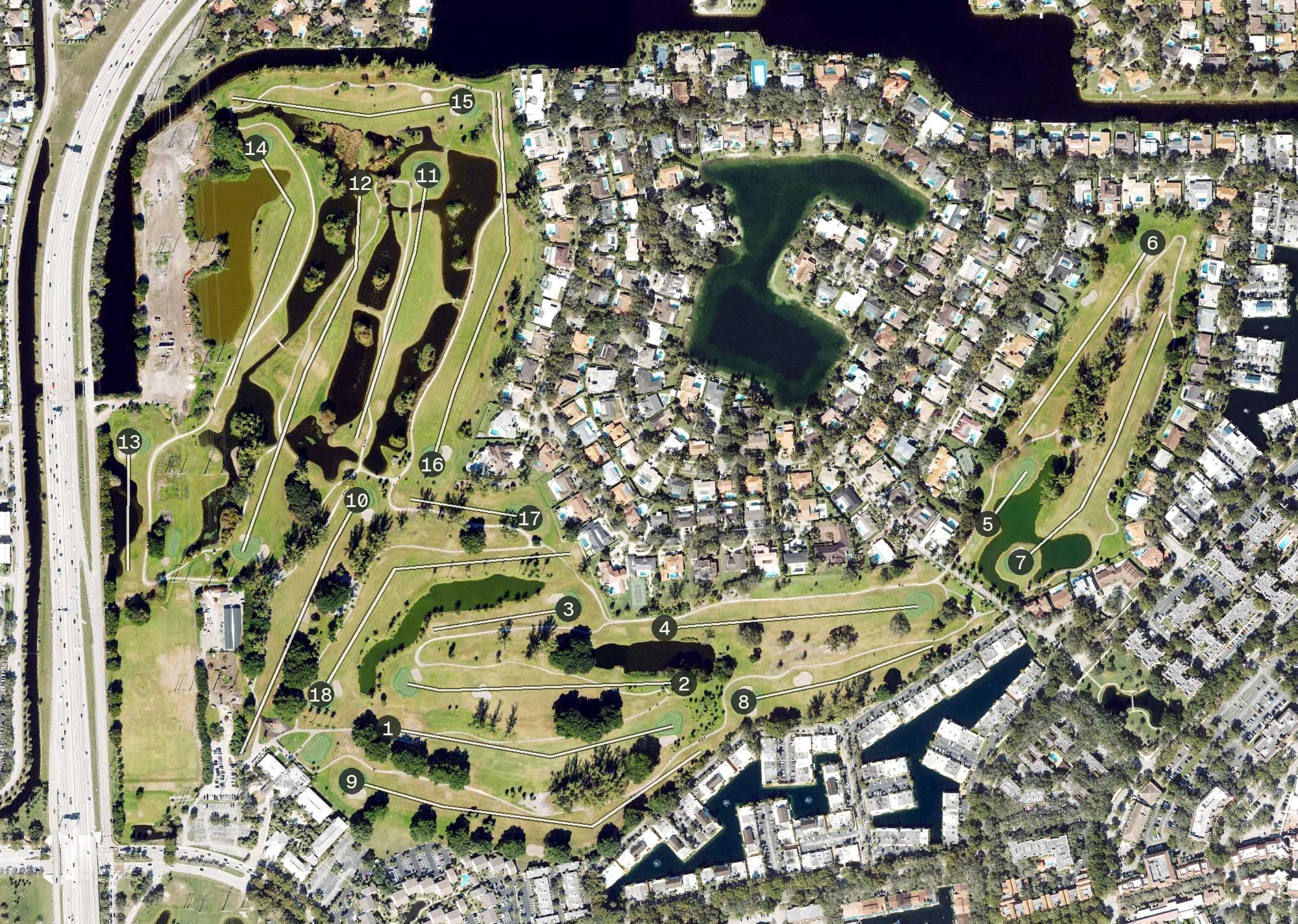 Aerial view of Shula's Golf Club, FL, with its hole routing marked