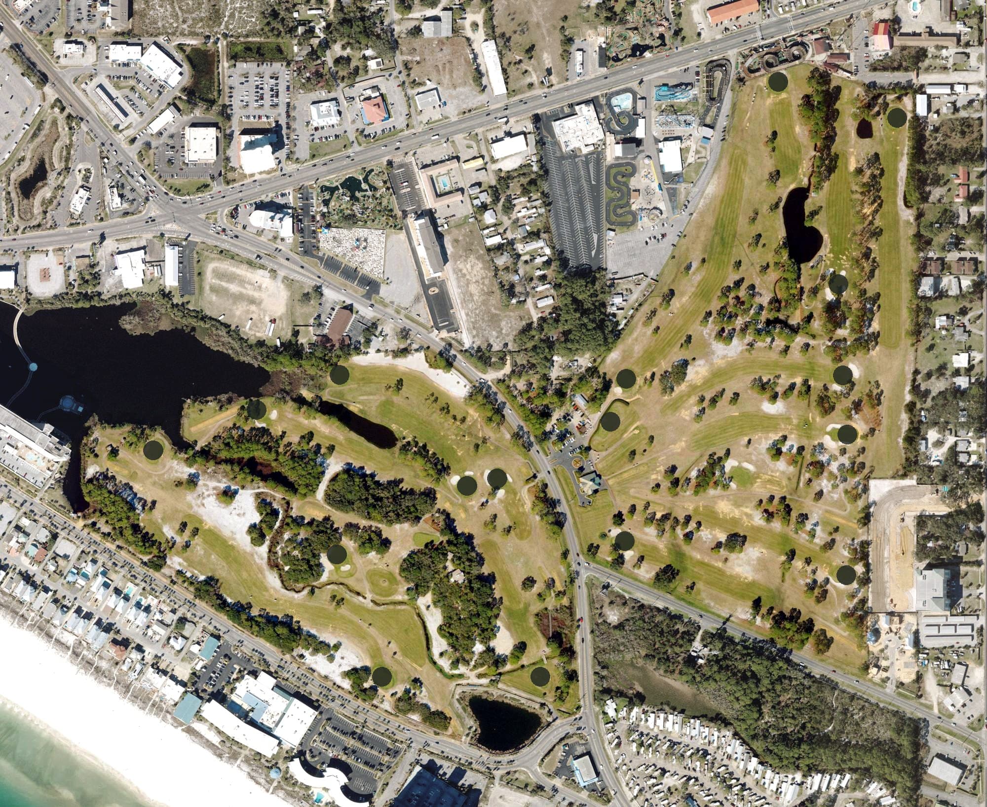 Aerial view of Signal Hills Golf course, FL, with its hole routing marked