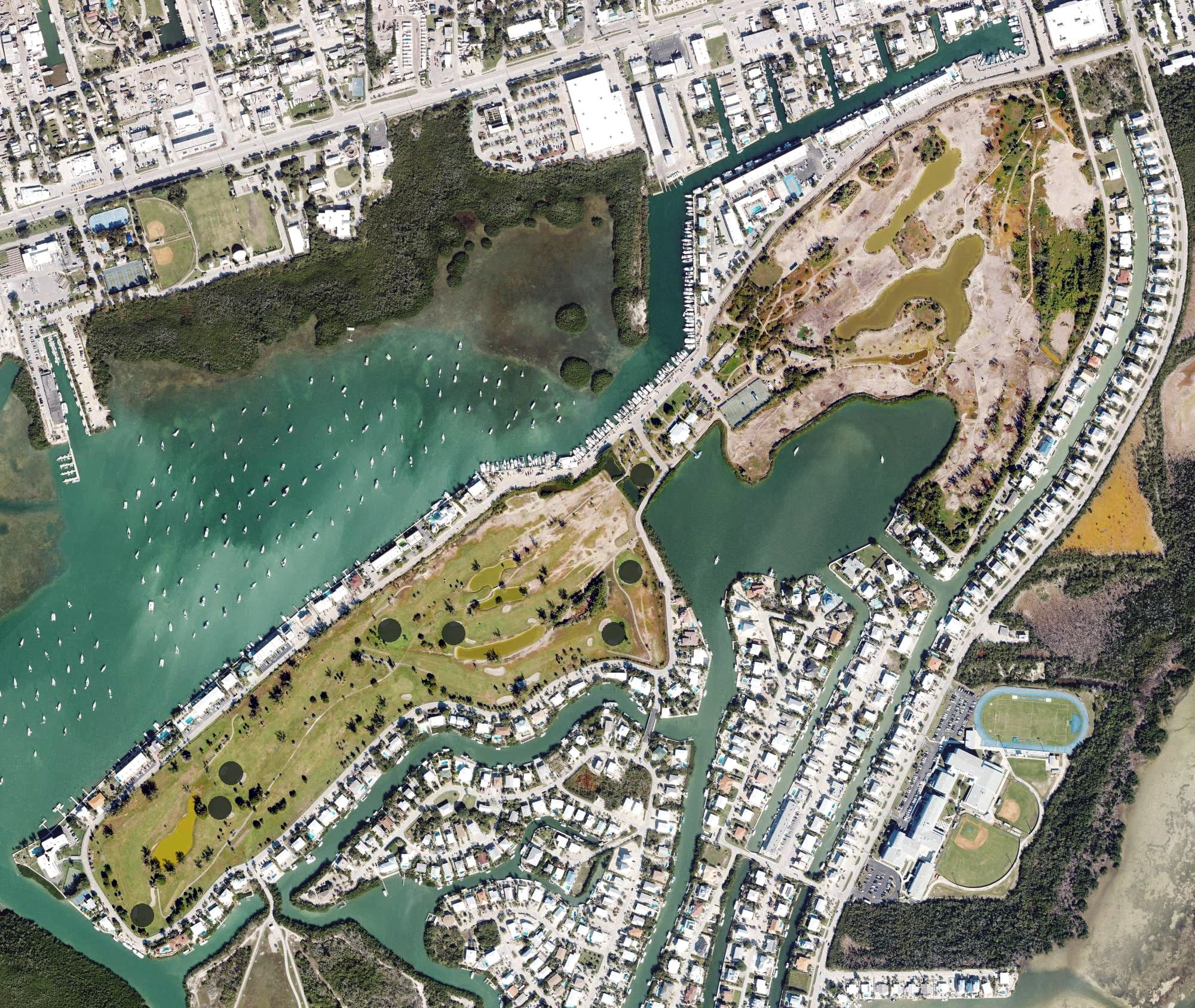 Aerial view of Sombrero Country Club, FL, with its hole routing marked