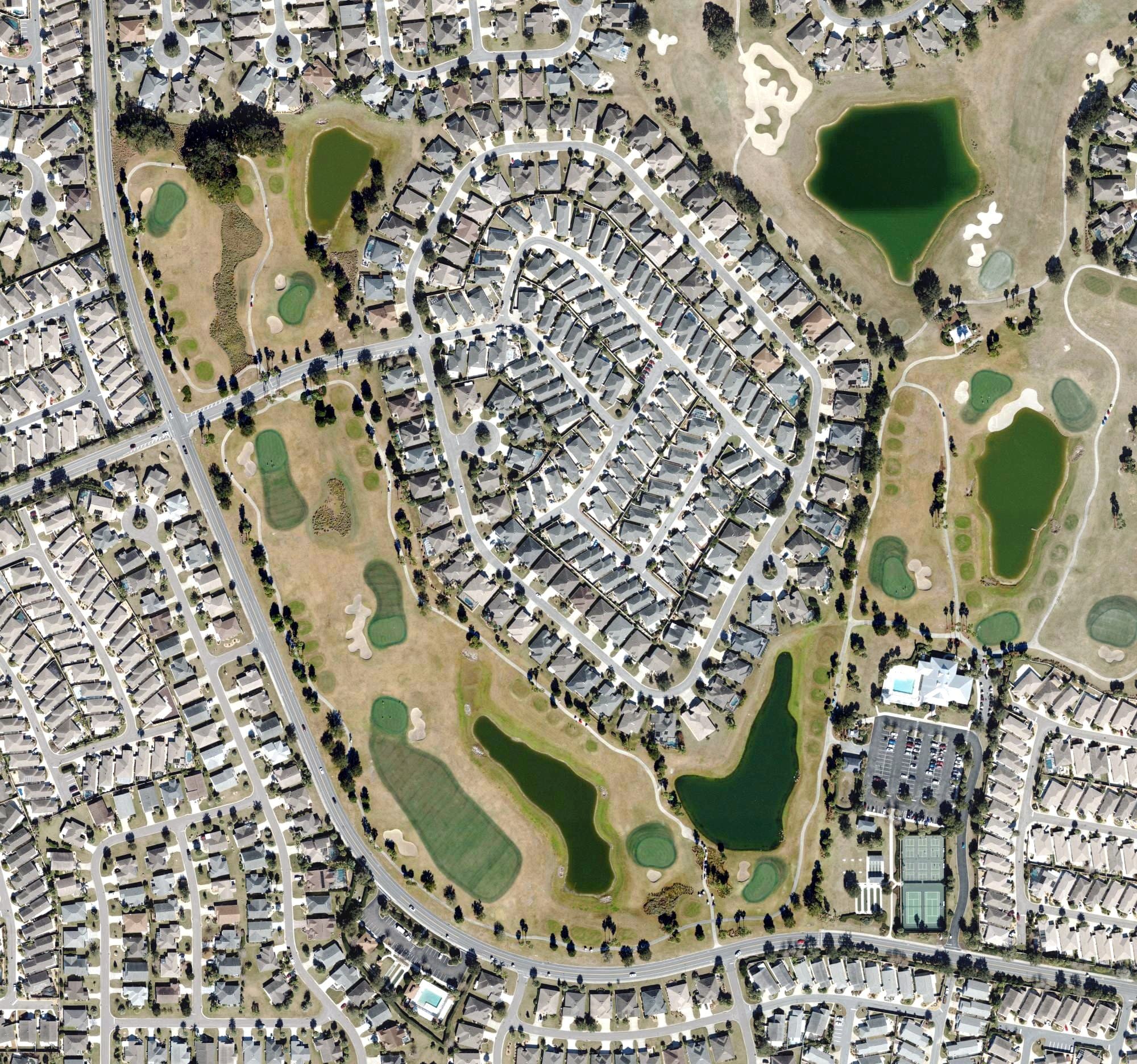 Aerial view of Southern Star Golf Course (The Villages), FL, with its hole routing marked