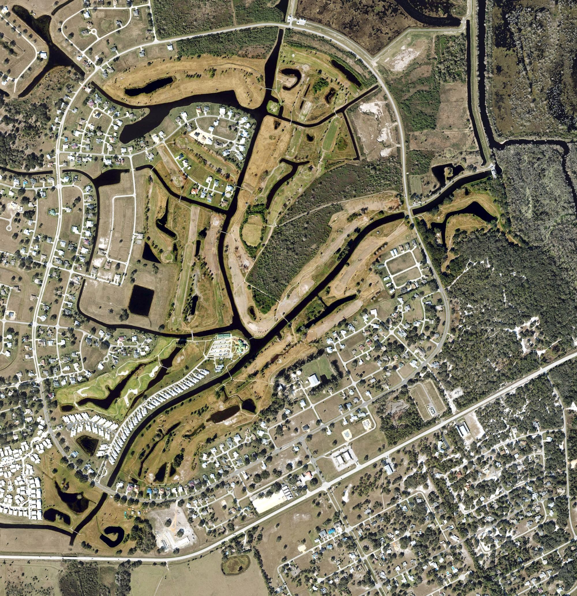 Aerial view of Spring Lake Golf Resort, FL, with its hole routing marked