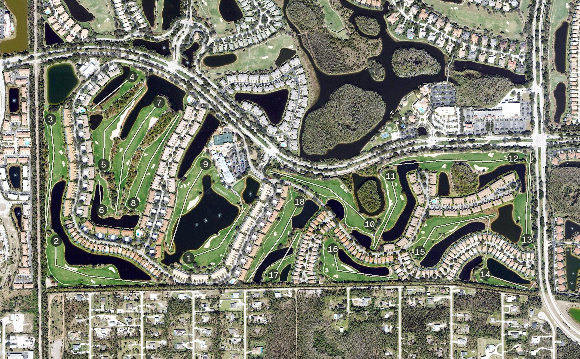 Aerial view of Spring Run Golf Club, FL, with its hole routing marked
