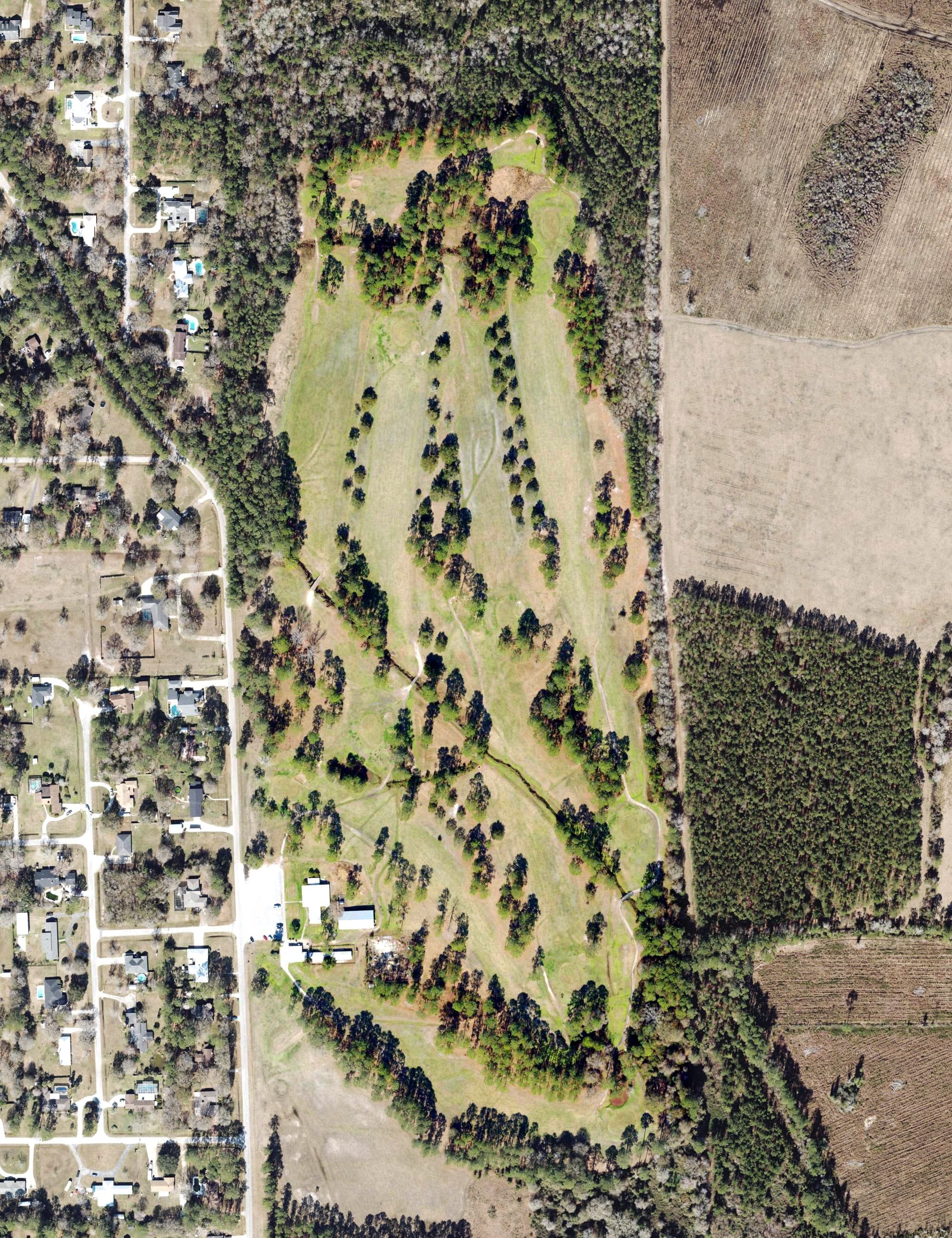 Aerial view of Starke Golf & Country Club, FL, with its hole routing marked
