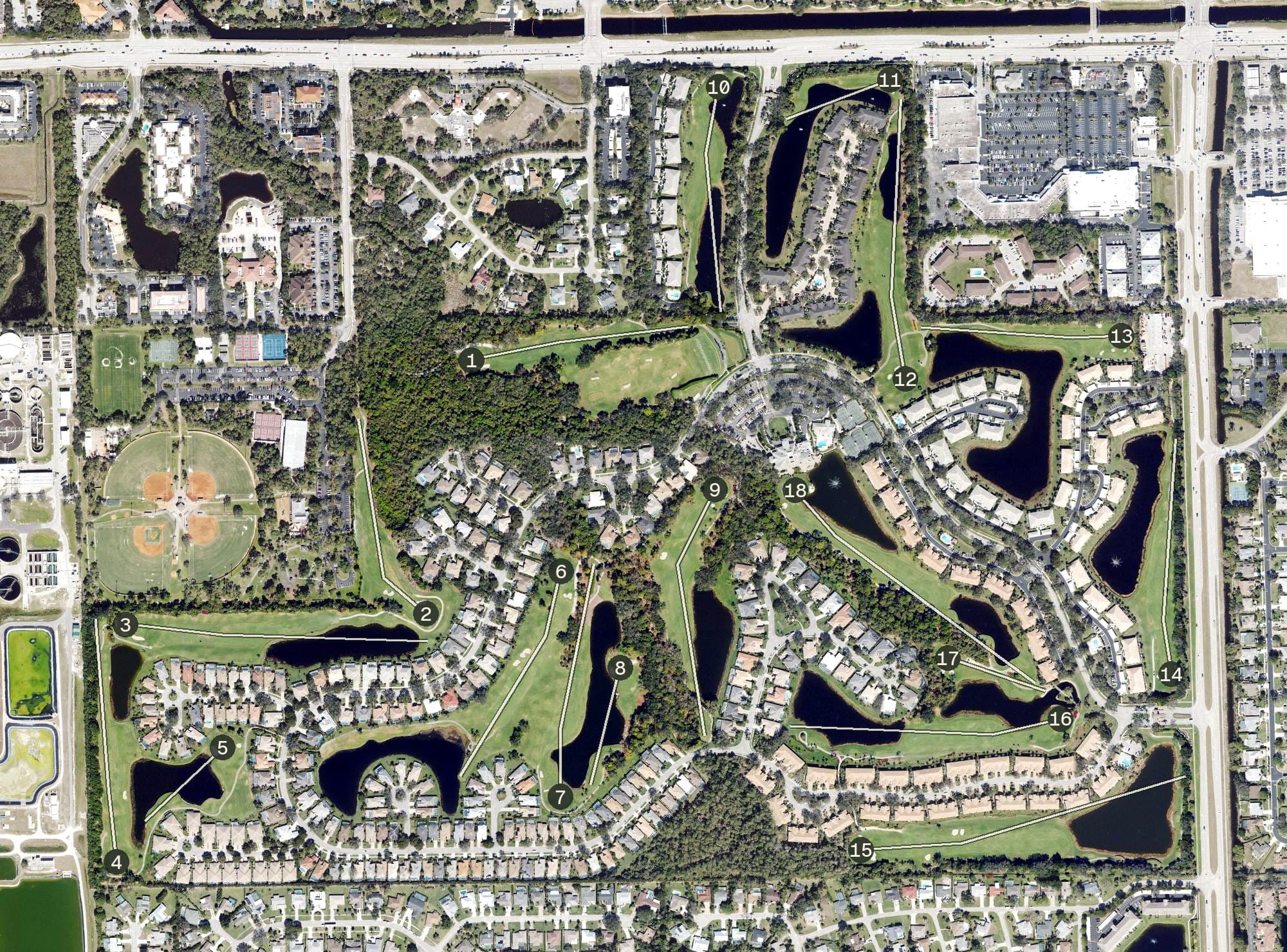 Aerial view of Stonebridge Country Club, FL, with its hole routing marked