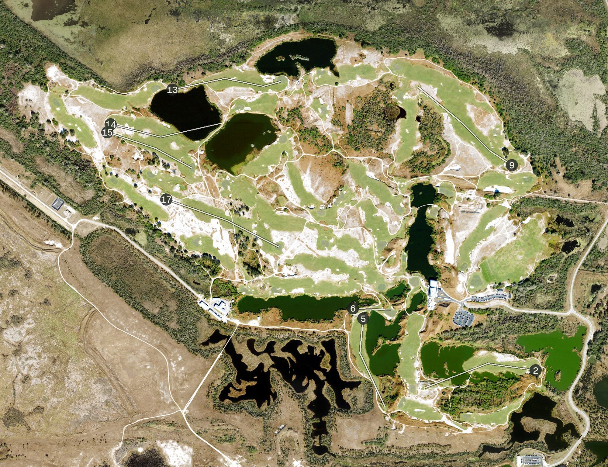 Aerial view of Streamsong Resort - Red and Blue Courses, FL, with its hole routing marked