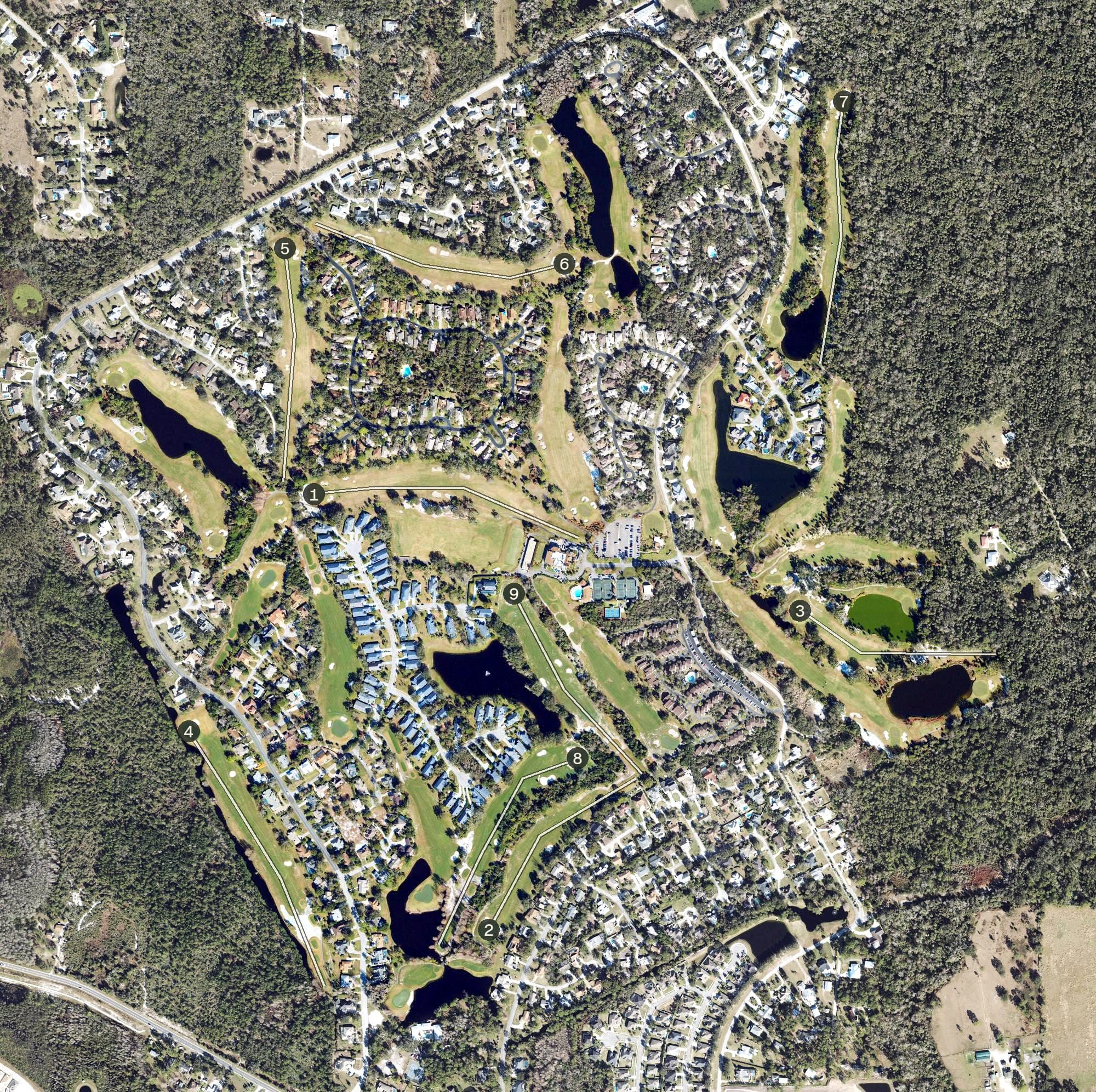 Aerial view of Sugar Mill Country Club, FL, with its hole routing marked