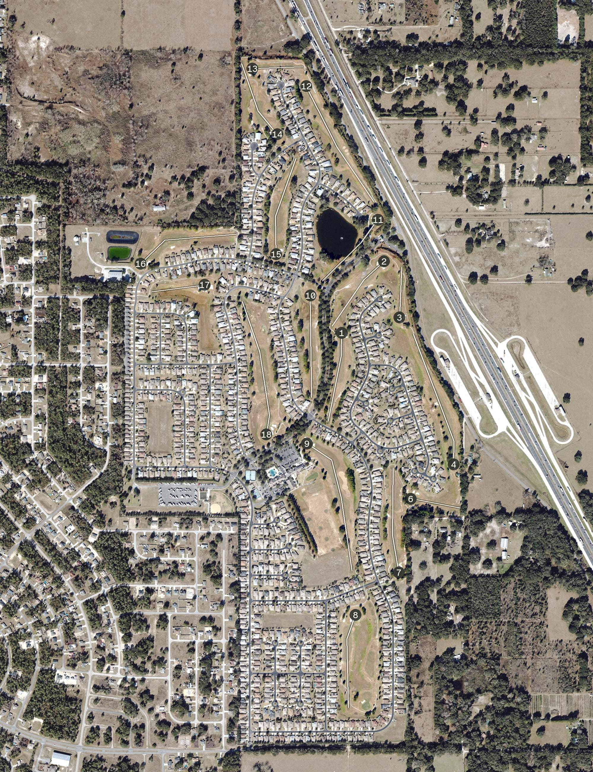 Aerial view of SummerGlen Golf Club, FL, with its hole routing marked