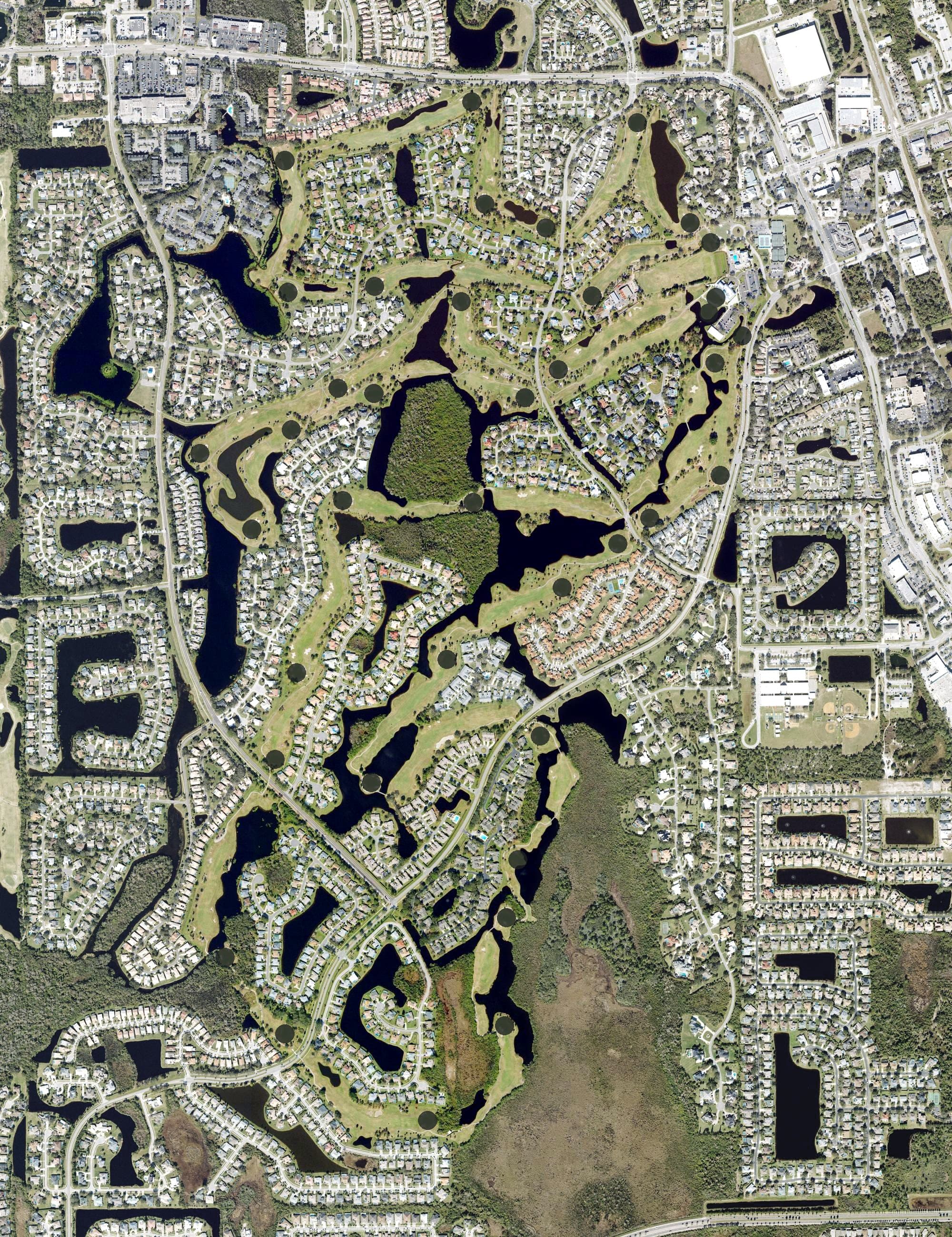 Aerial view of Suntree Country Club, FL, with its hole routing marked