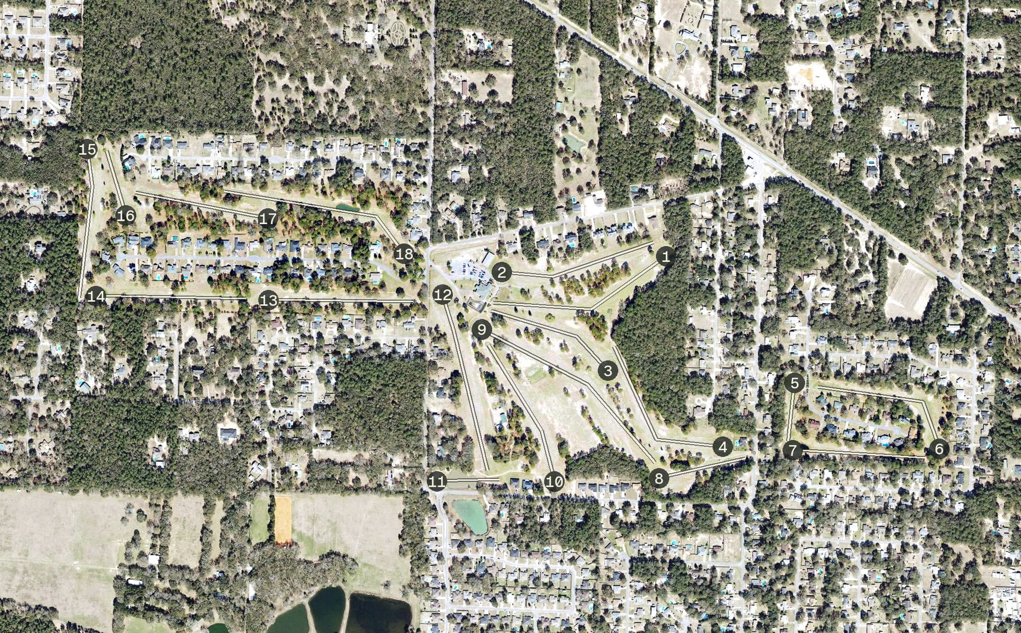 Aerial view of Tanglewood Golf Club, FL, with its hole routing marked
