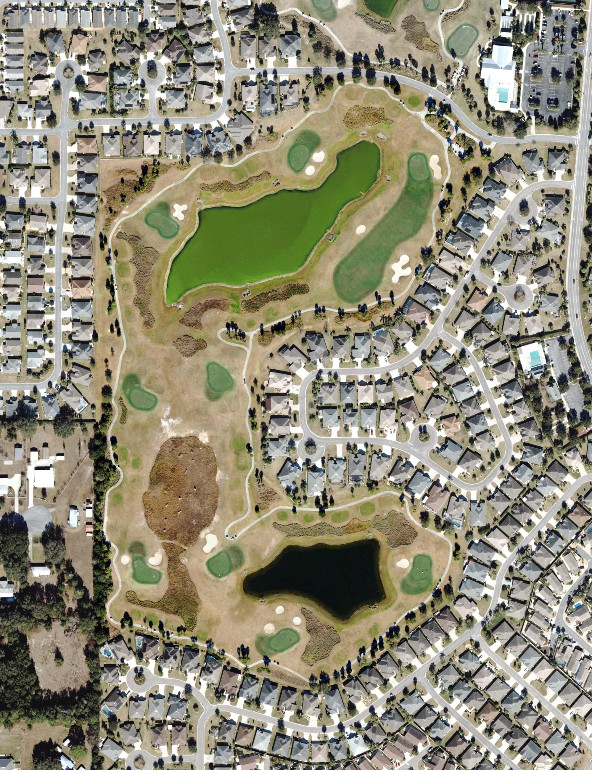 Aerial view of Tarpon Boil Golf Course (The Villages), FL, with its hole routing marked