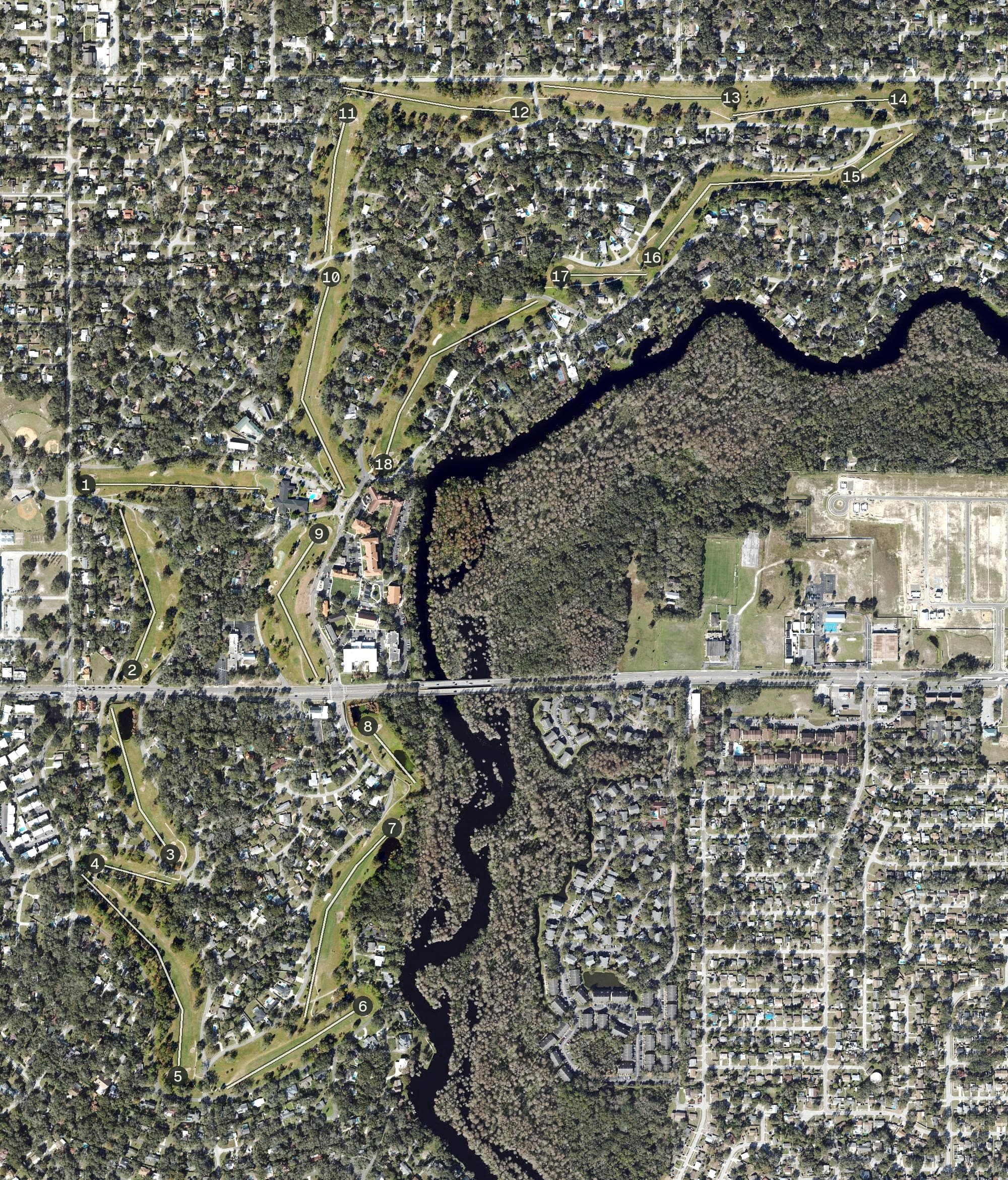 Aerial view of Temple Terrace Golf & Country Club, FL, with its hole routing marked