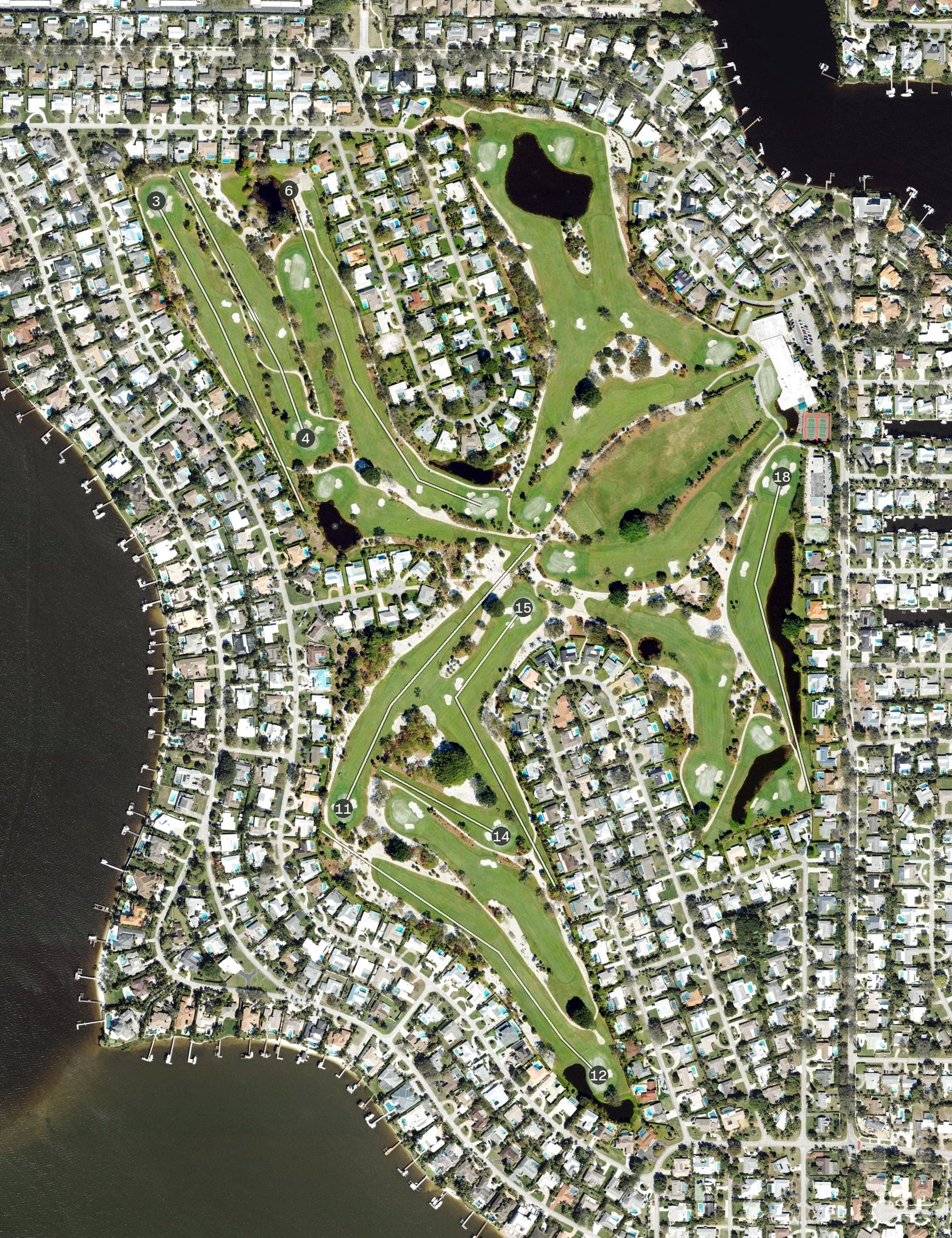 Aerial view of Tequesta Country Club, FL, with its hole routing marked