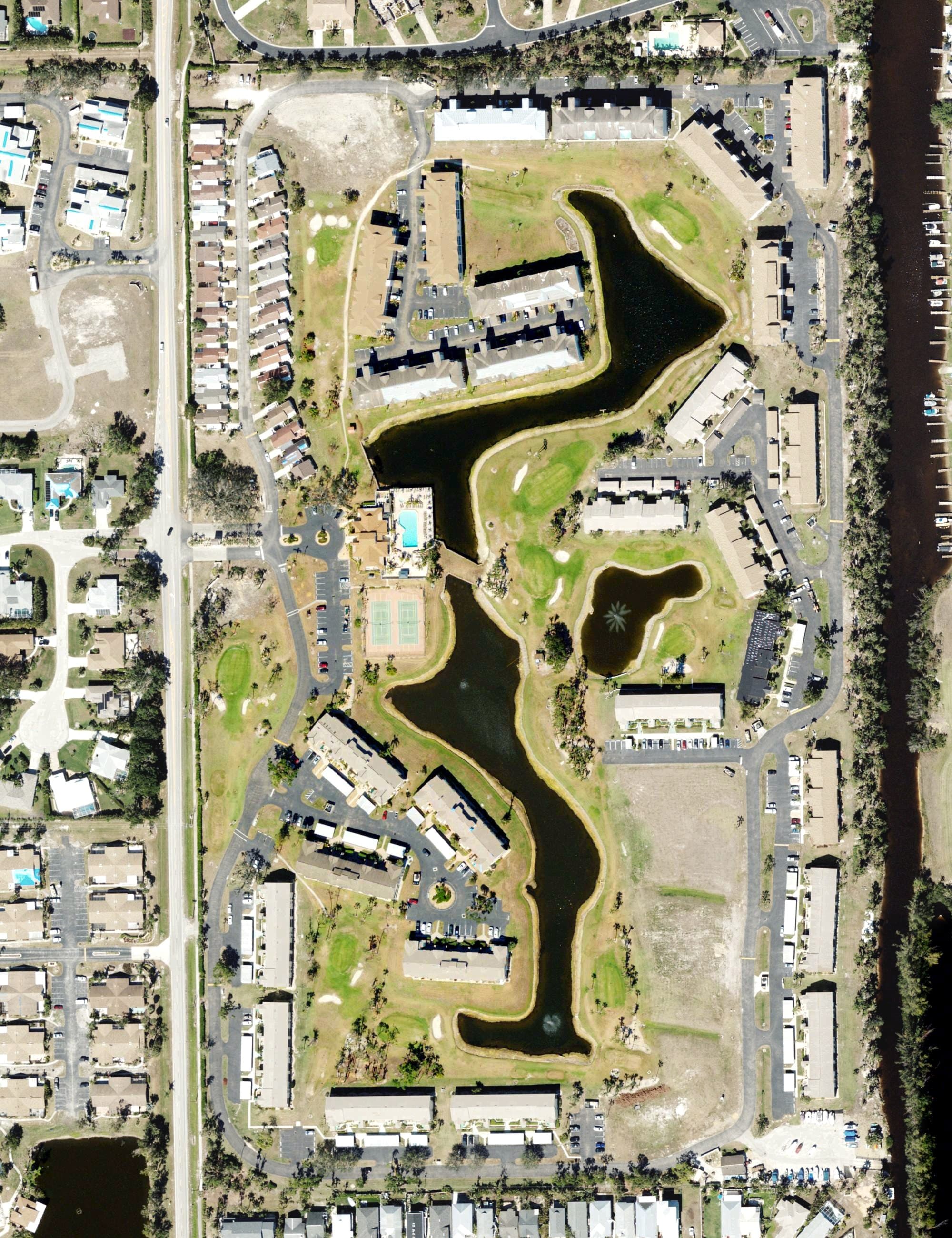 Aerial view of Terraverde Country Club, FL, with its hole routing marked