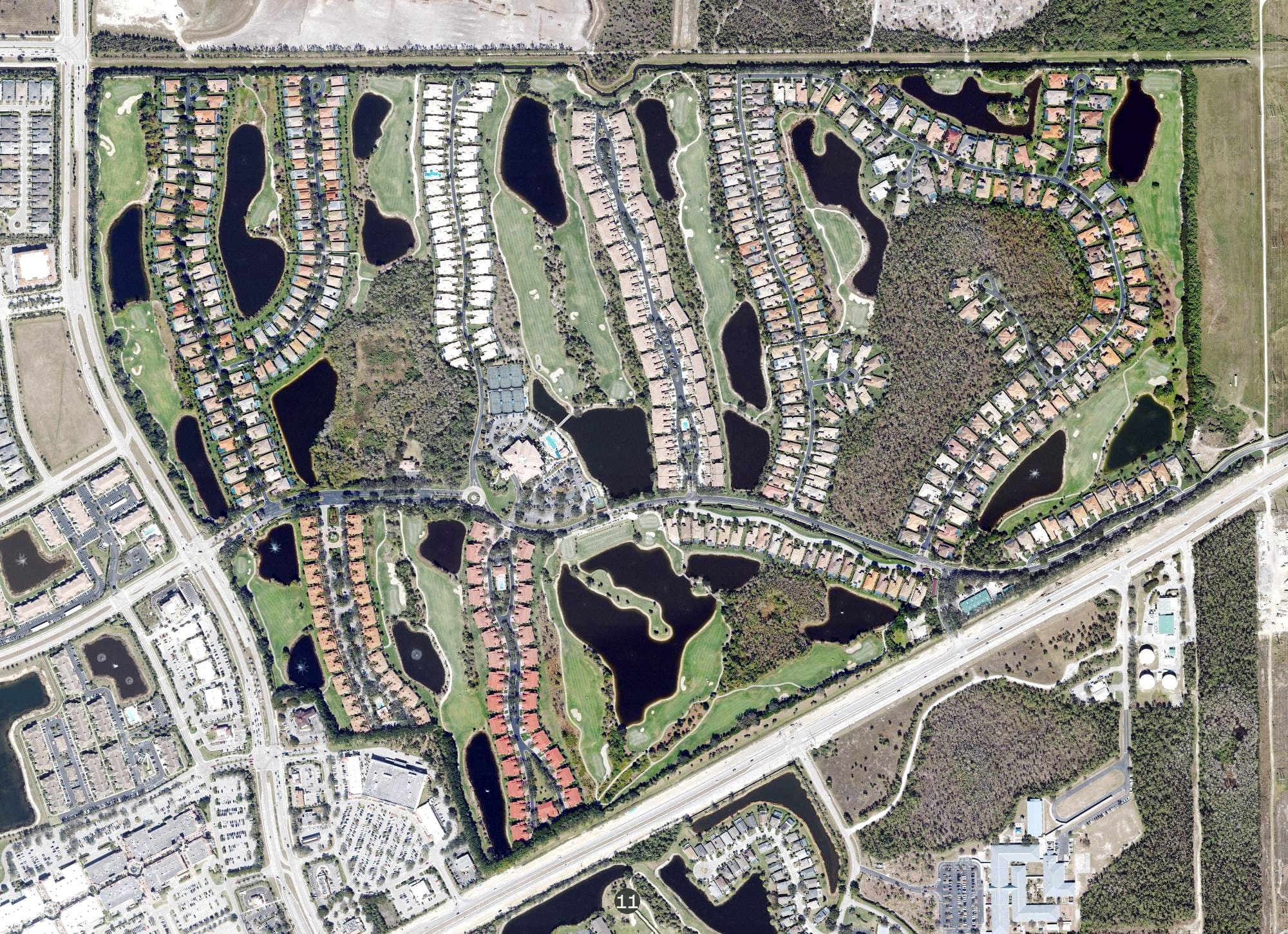 Aerial view of The Club at Grandezza, FL, with its hole routing marked