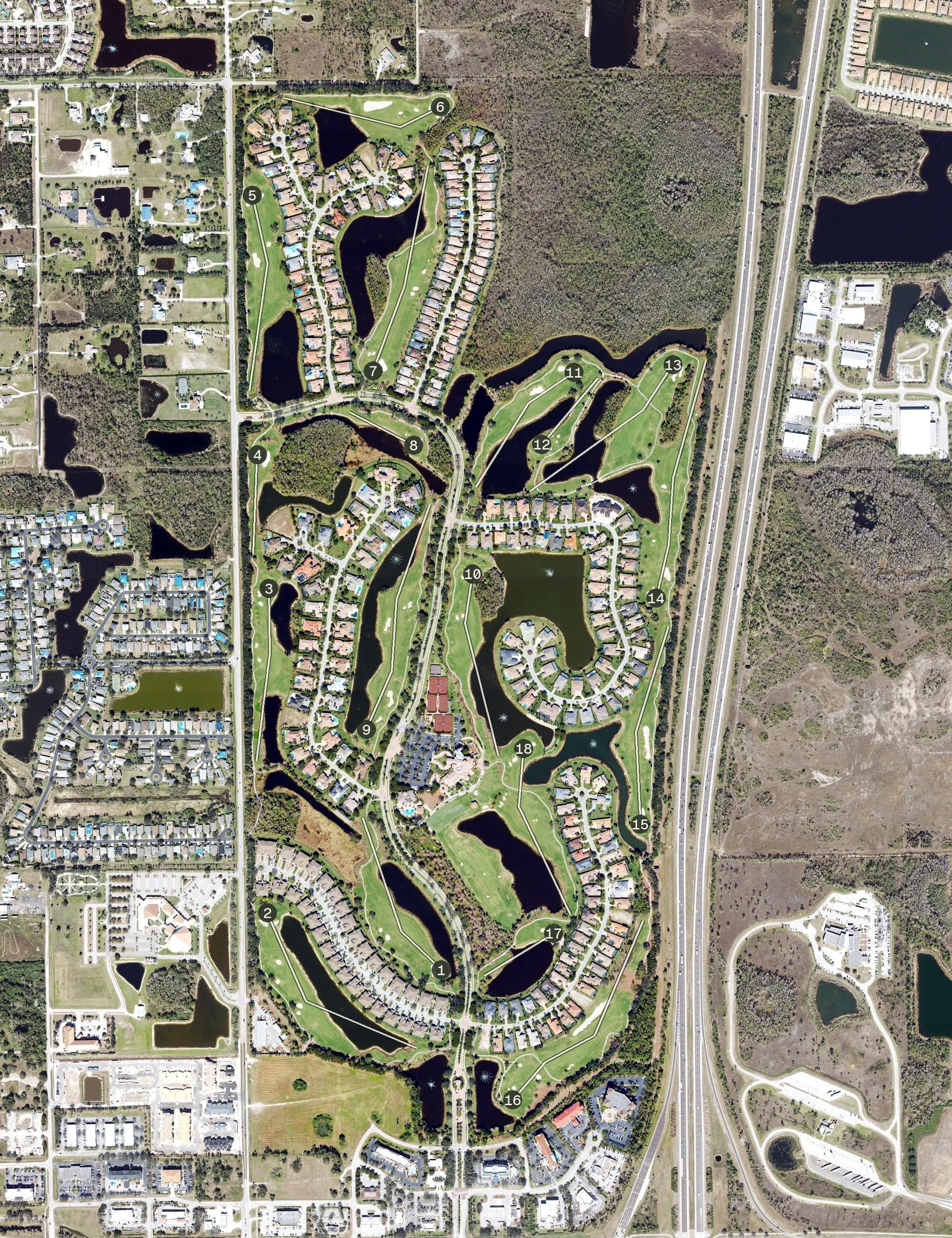 Aerial view of The Club at Renaissance, FL, with its hole routing marked
