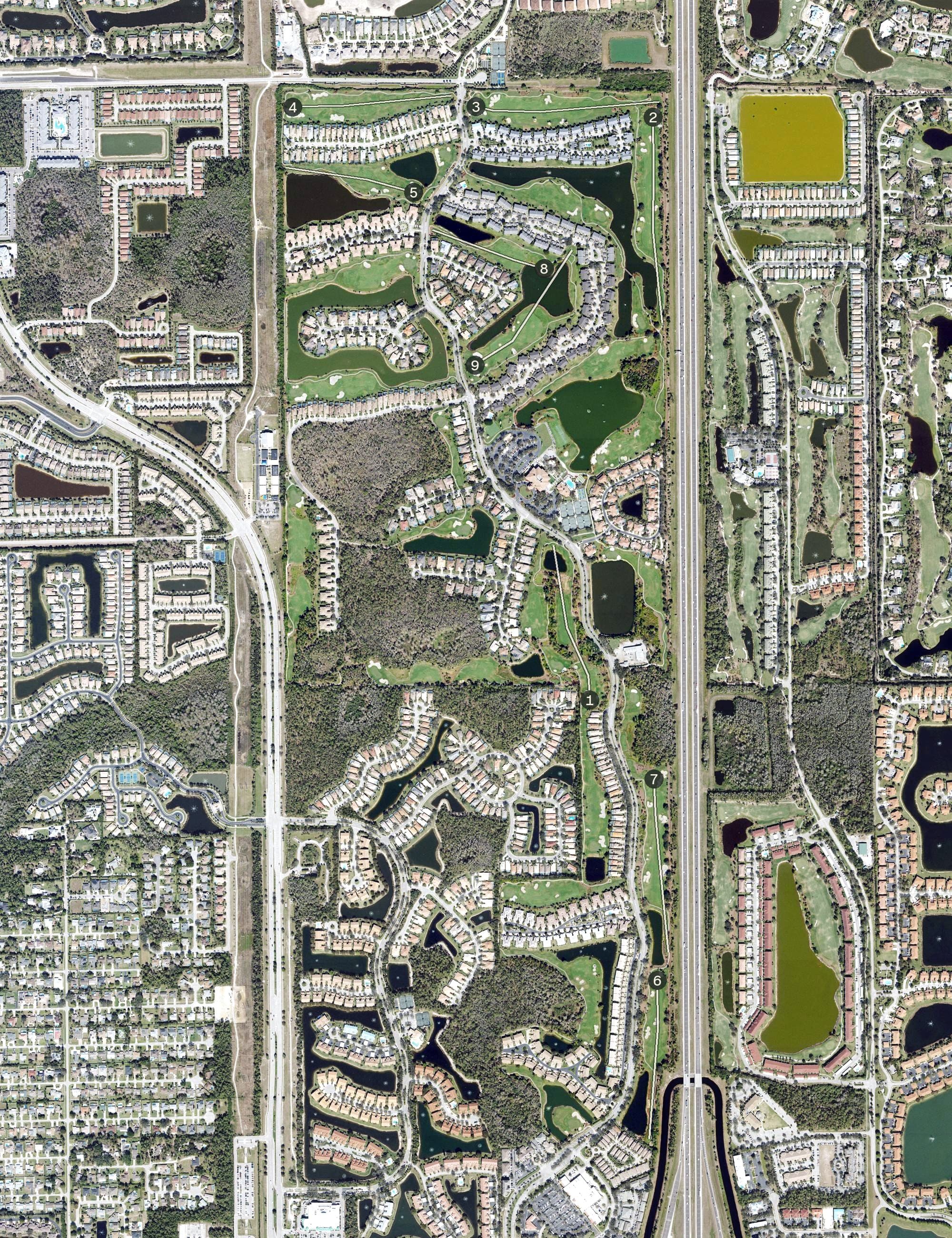 Aerial view of The Club at the Strand, FL, with its hole routing marked