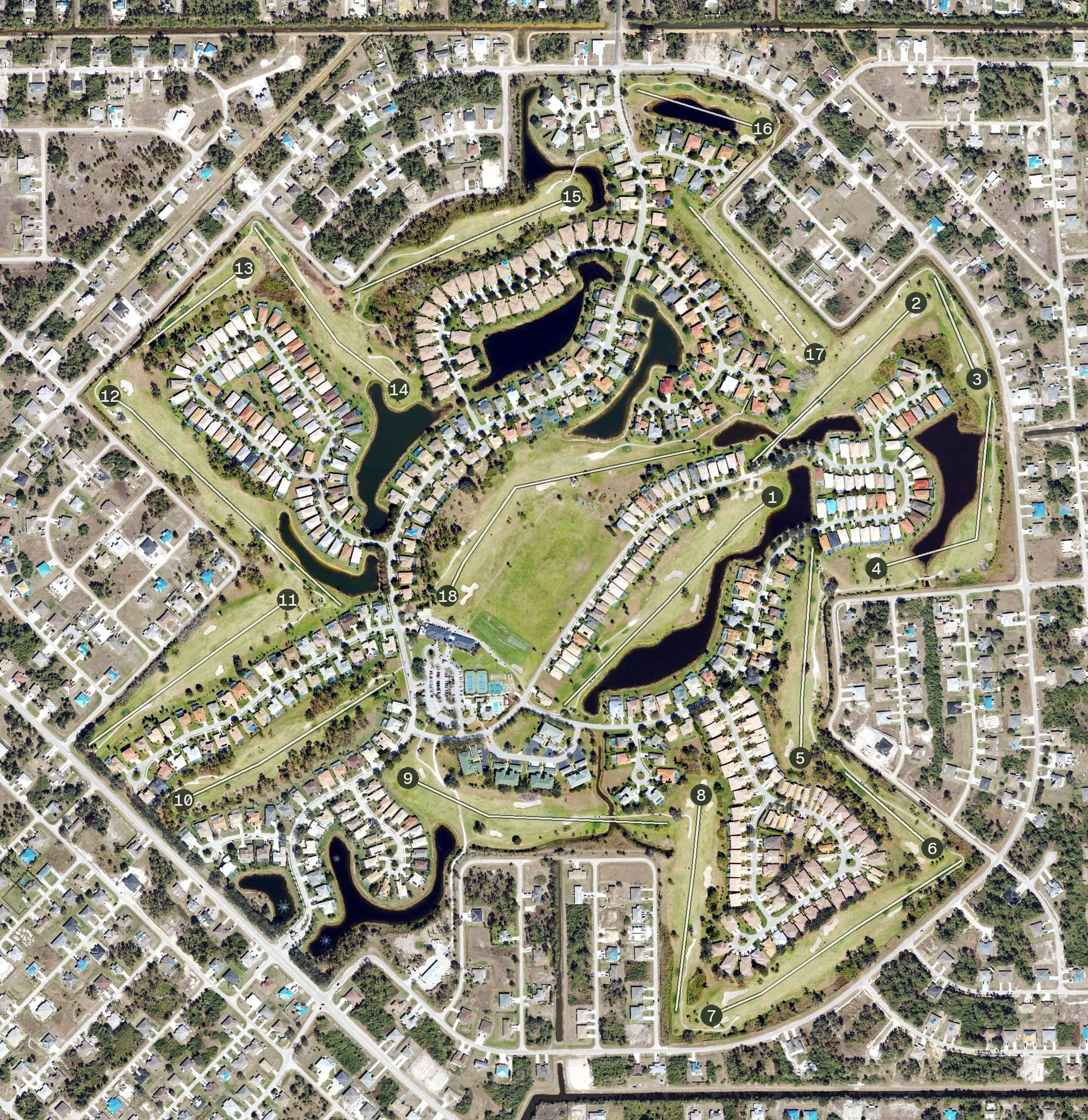 Aerial view of The Club at Westminster, FL, with its hole routing marked