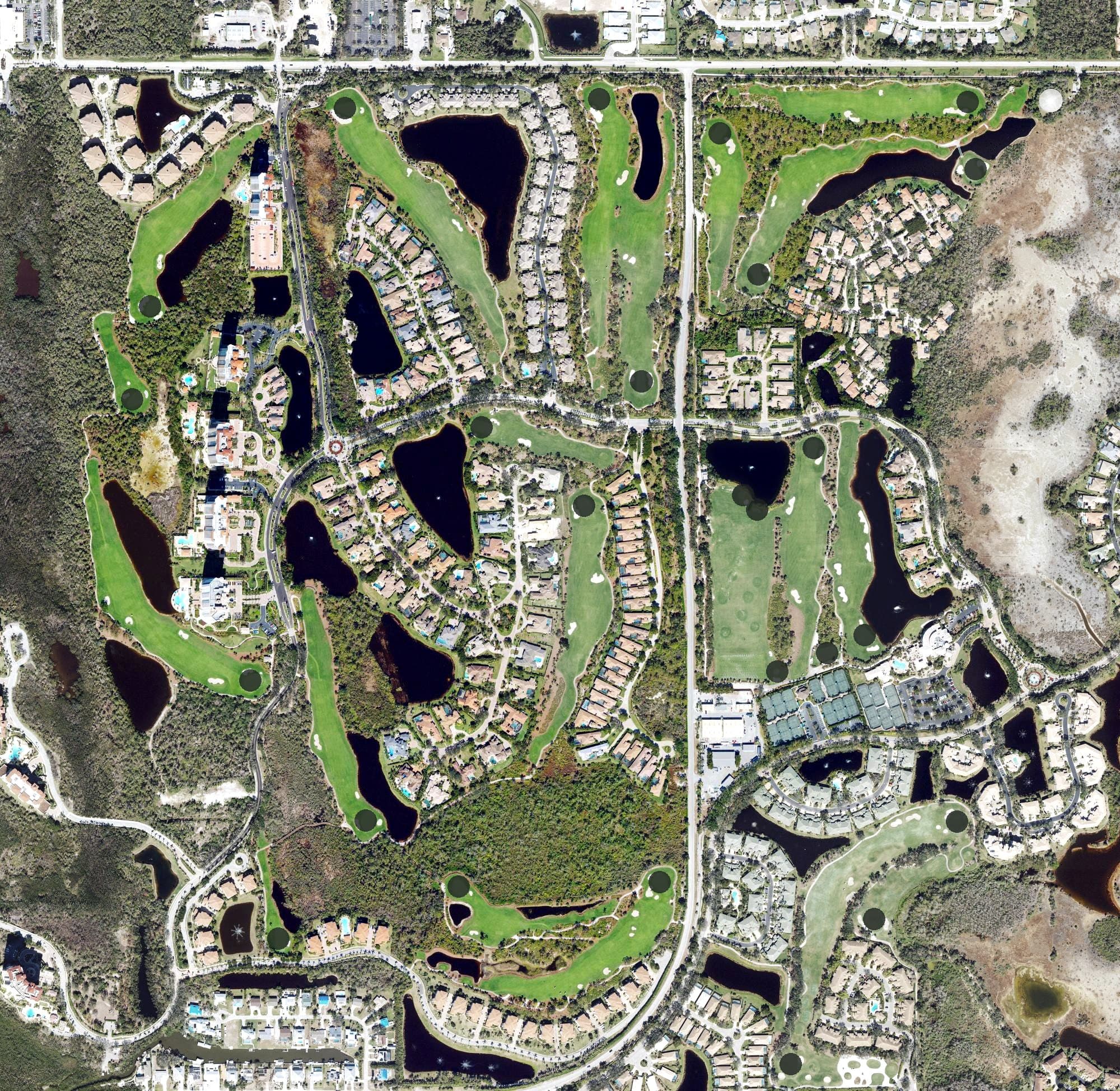 Aerial view of The Colony Golf & Country Club, FL, with its hole routing marked
