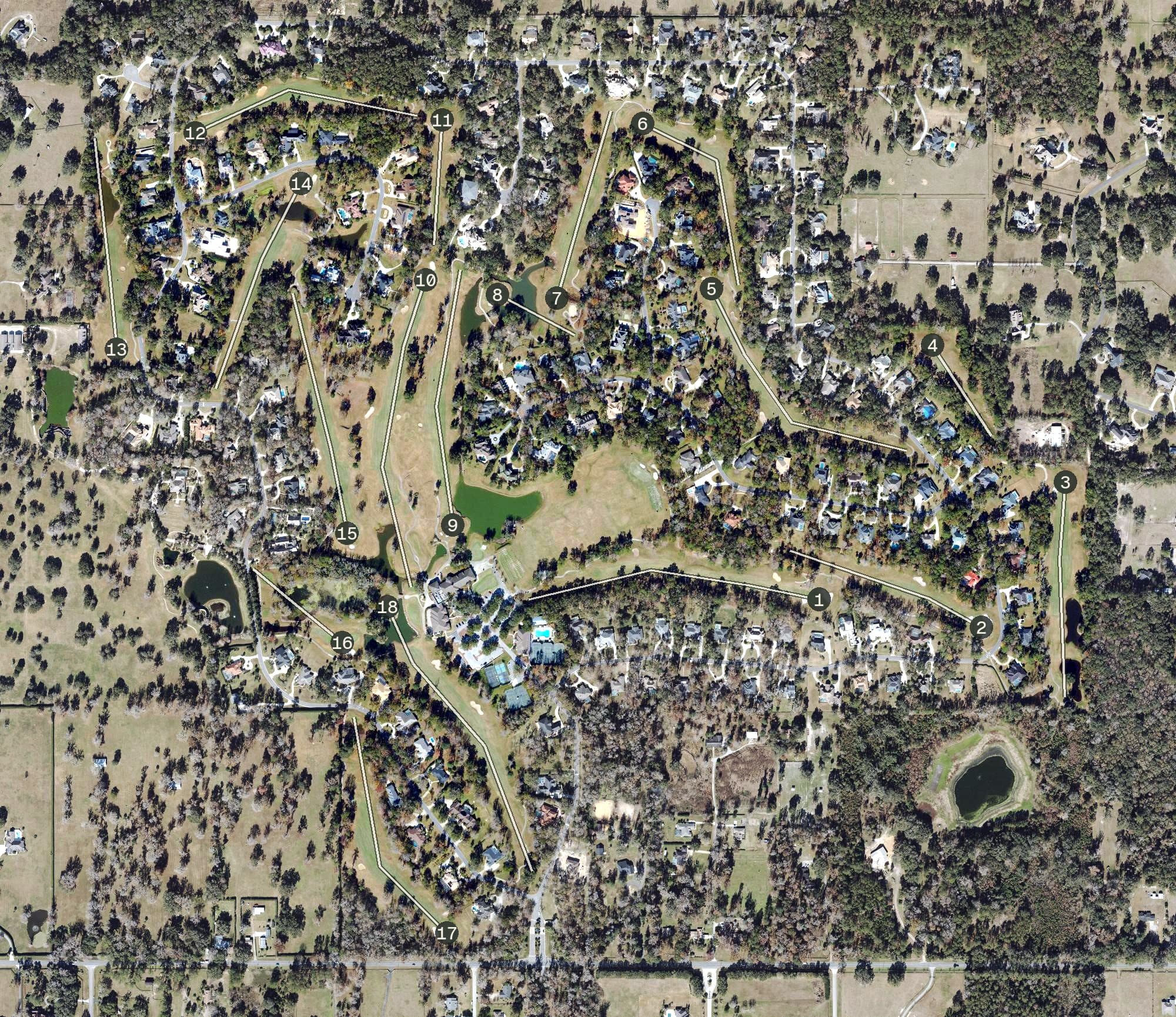 Aerial view of The Country Club of Ocala, FL, with its hole routing marked