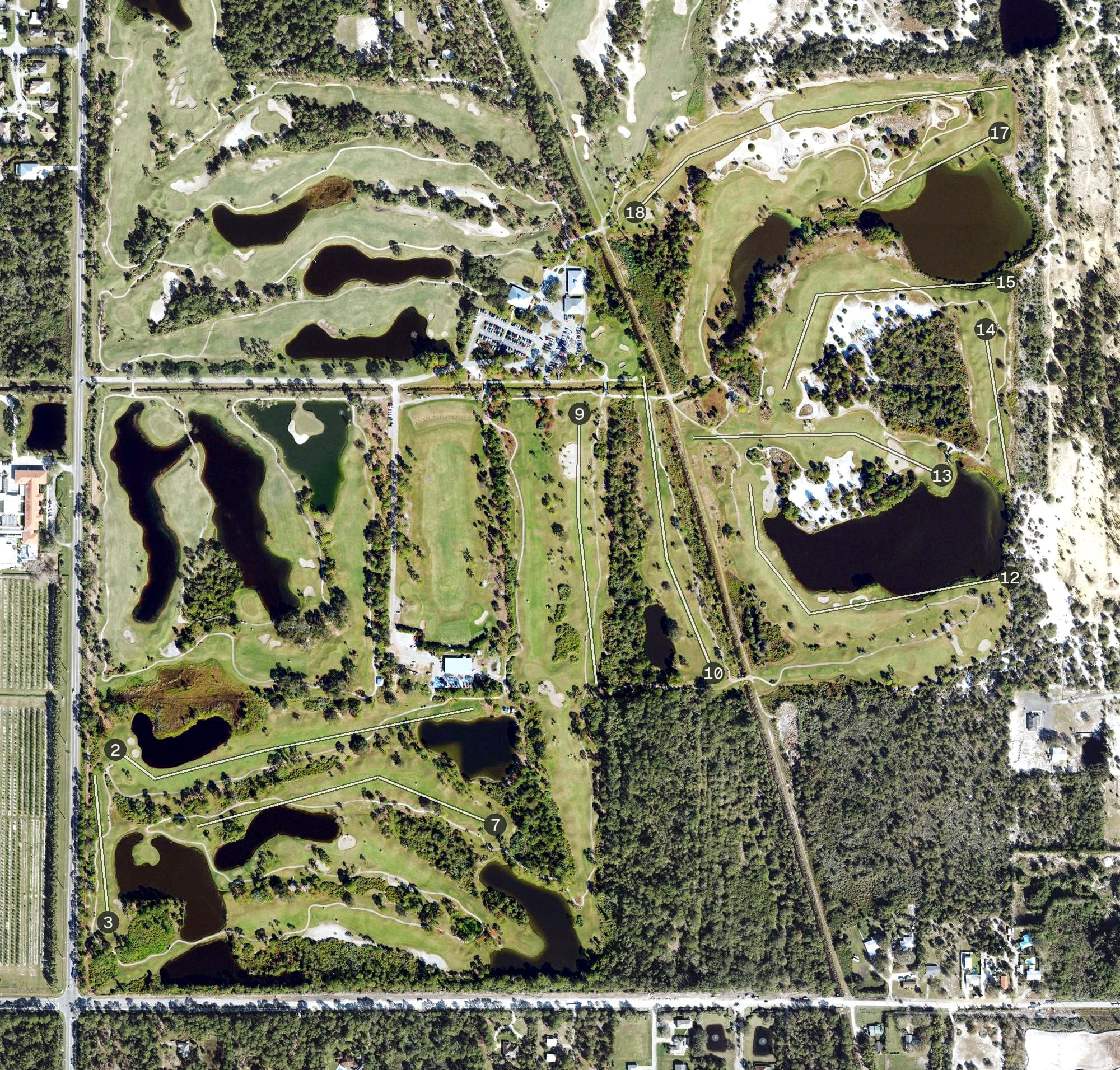 Aerial view of The Dunes Course At Sandridge, FL, with its hole routing marked
