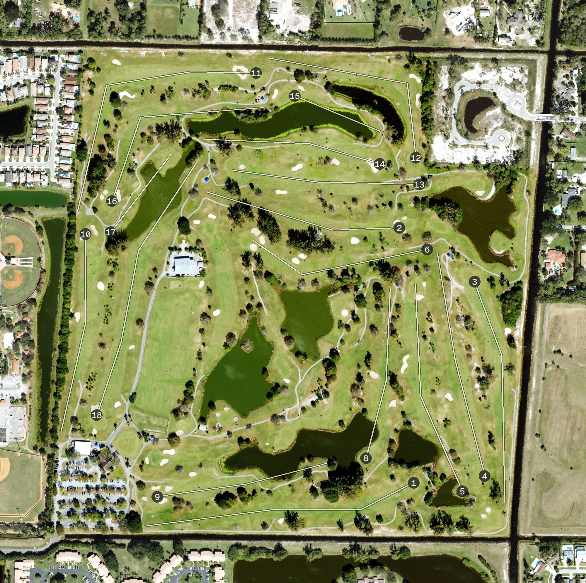 Aerial view of The Links at Boynton Beach, FL, with its hole routing marked