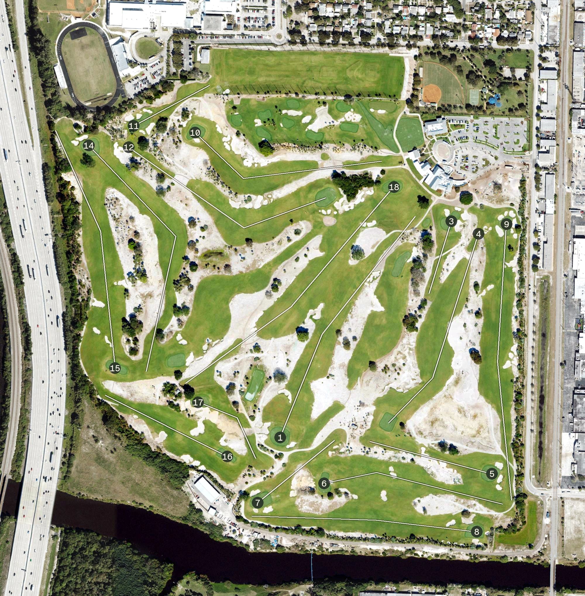 Aerial view of The Park West Palm, FL, with its hole routing marked
