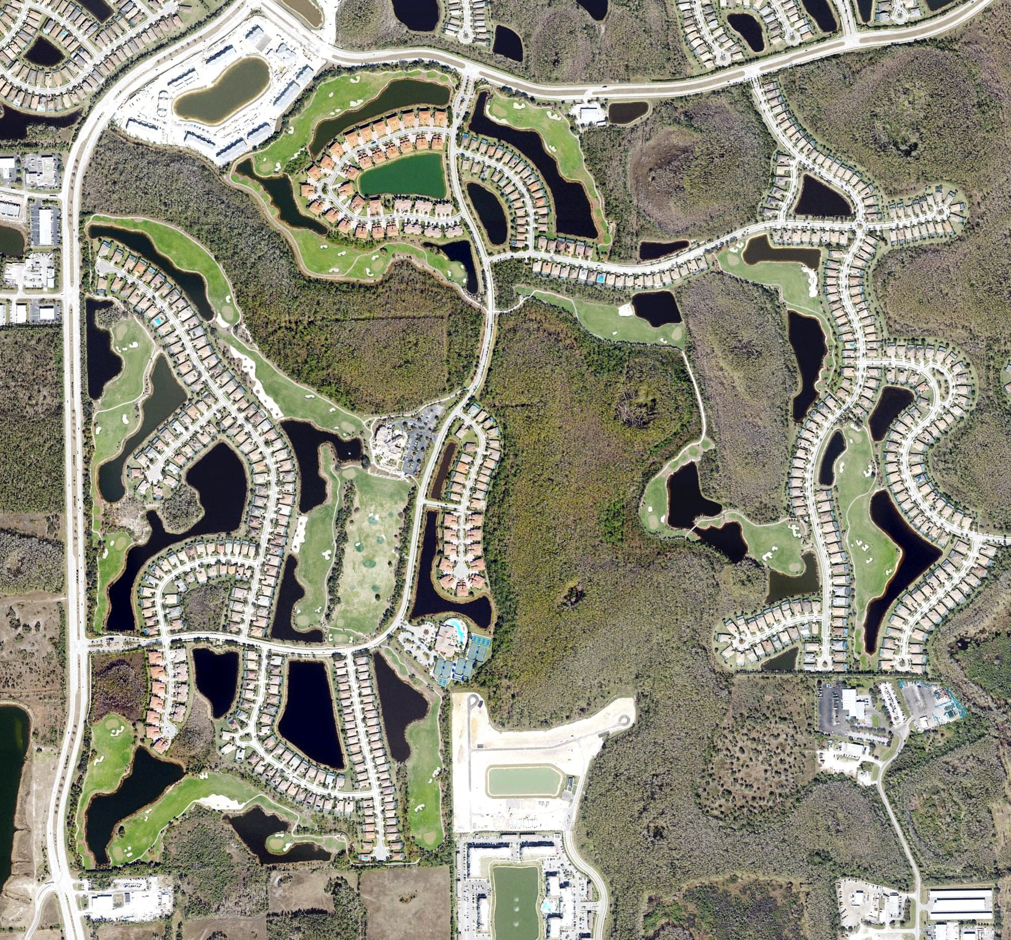 Aerial view of The Plantation Golf & Country Club, FL, with its hole routing marked