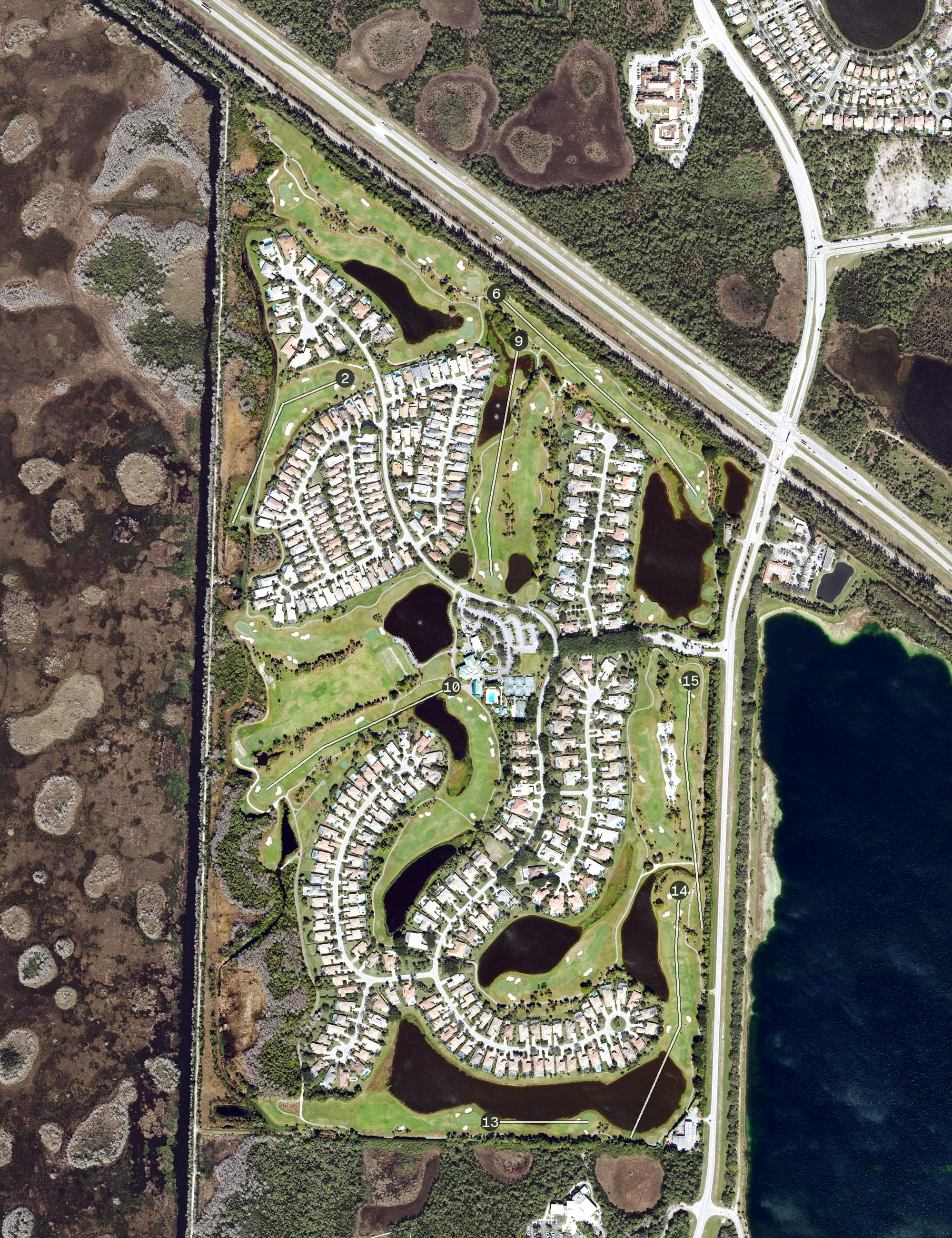 Aerial view of The Preserve at Ironhorse, FL, with its hole routing marked