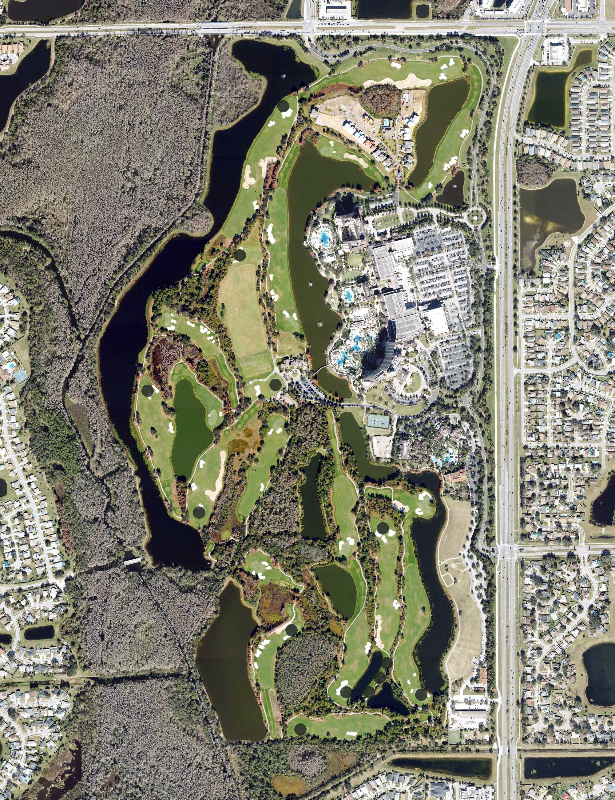 Aerial view of The Ritz-Carlton Golf Club, FL, with its hole routing marked