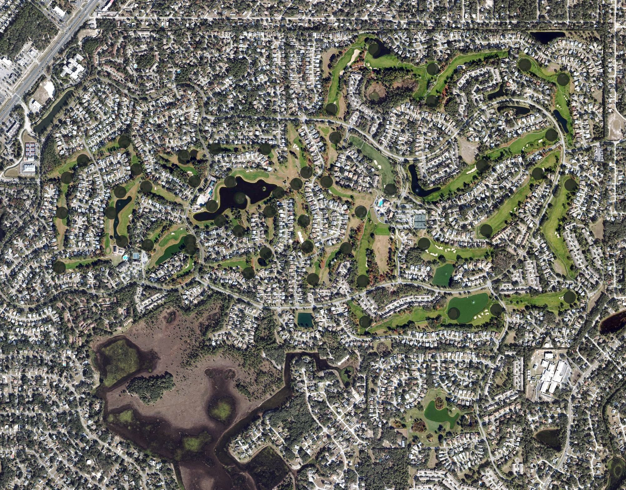 Aerial view of Timber Pines Country Club, FL, with its hole routing marked
