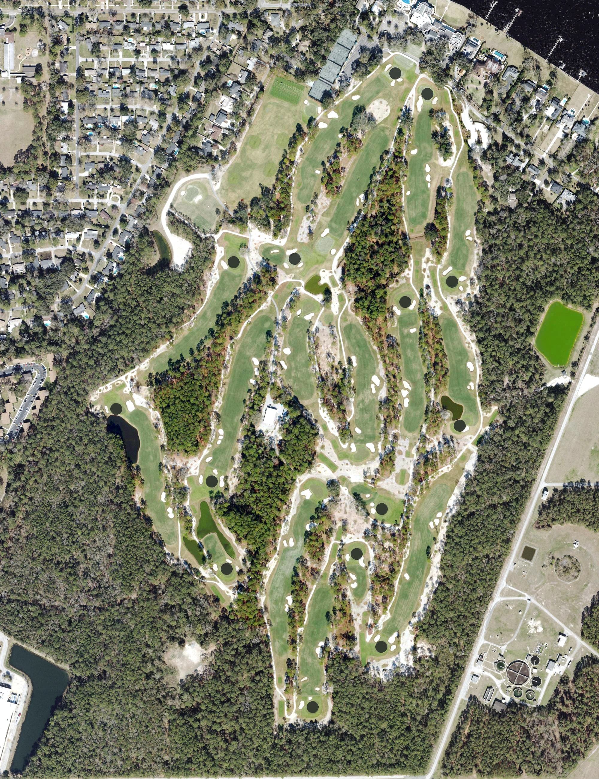 Aerial view of Timuquana Country Club, FL, with its hole routing marked