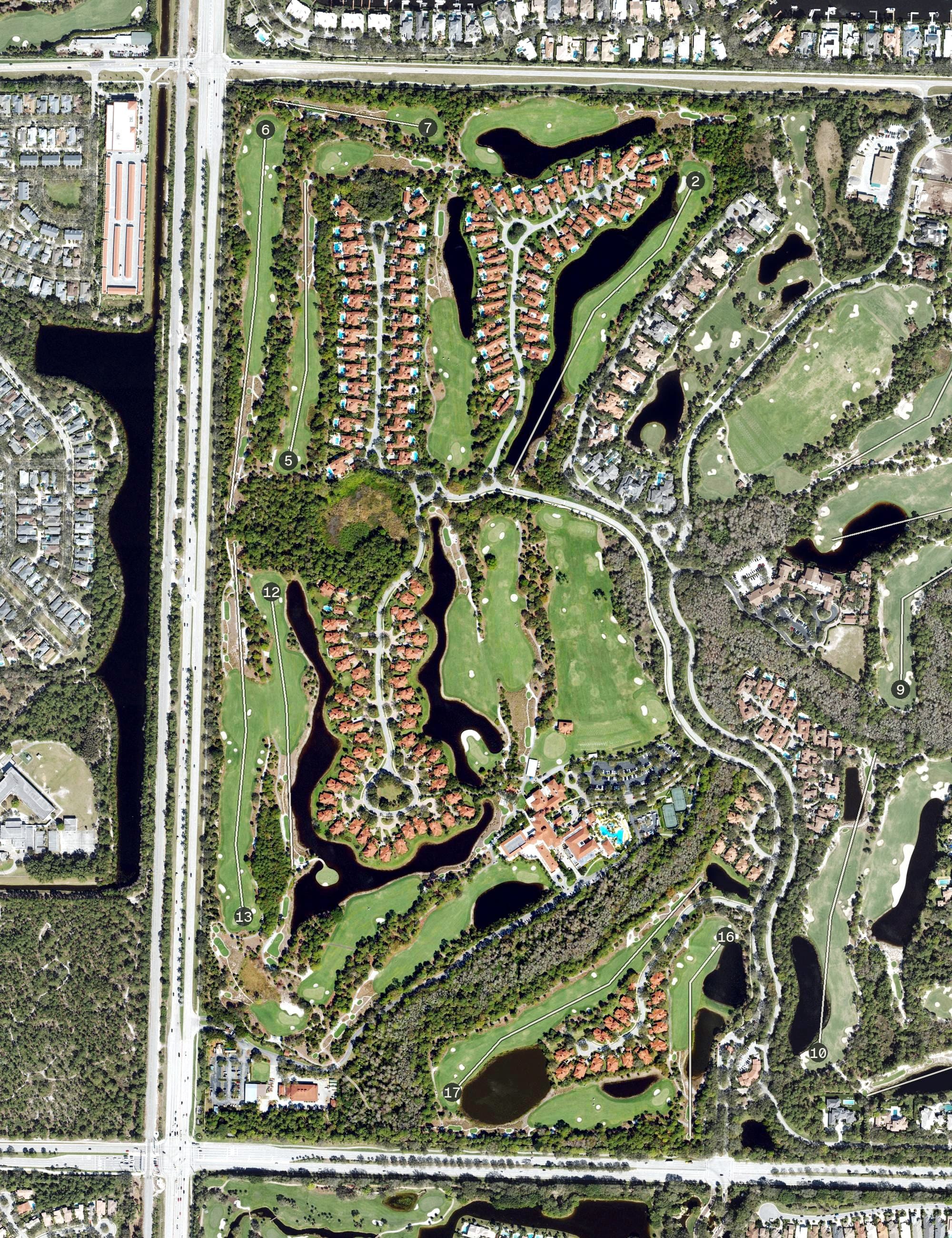 Aerial view of Trump National Jupiter, FL, with its hole routing marked
