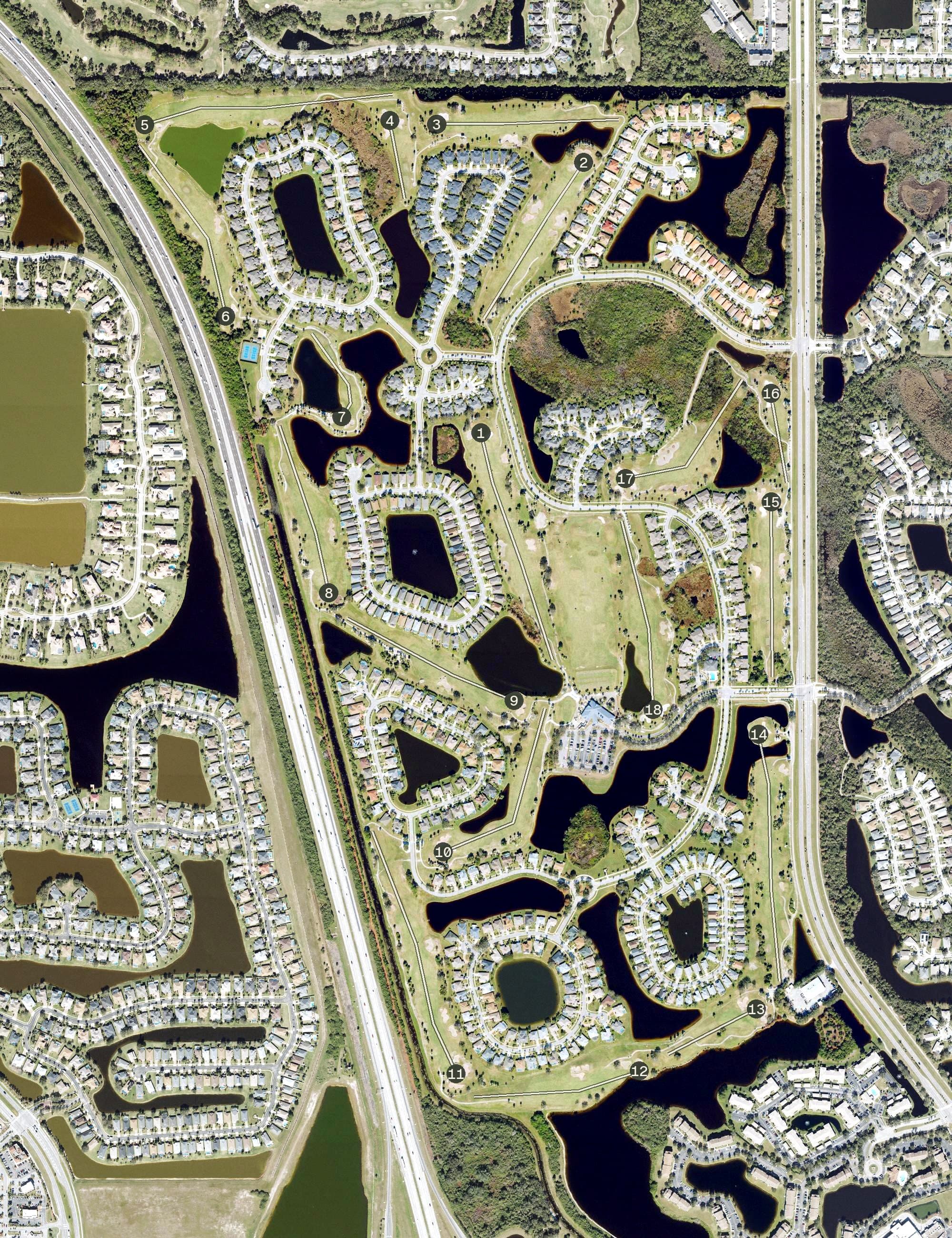 Aerial view of Turtle Creek Golf Club, FL, with its hole routing marked