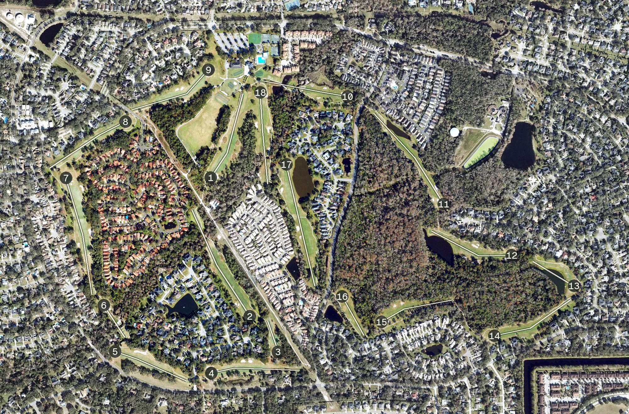 Aerial view of Tuscawilla Country Club, FL, with its hole routing marked
