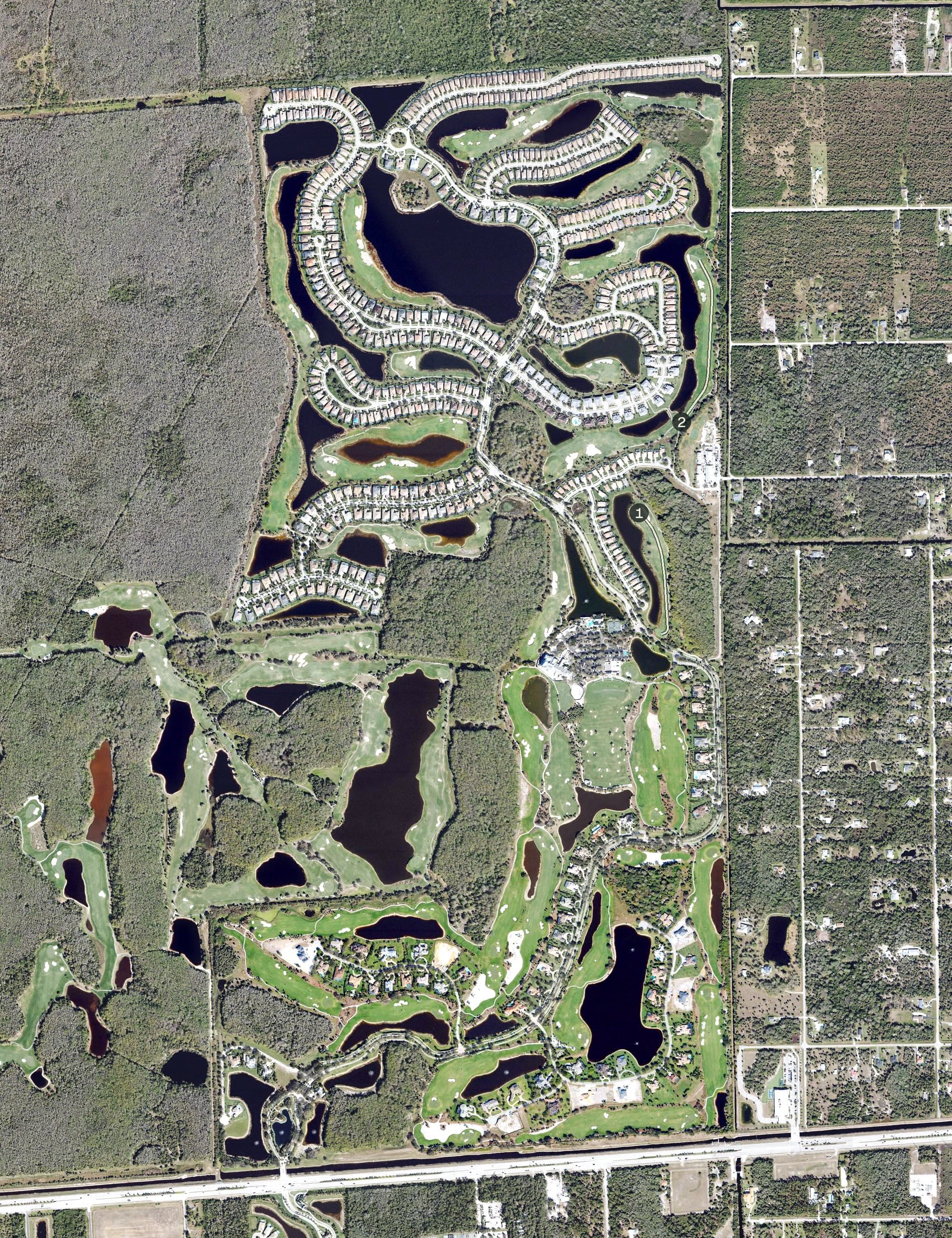 Aerial view of Twin Eagles Golf Club, FL, with its hole routing marked
